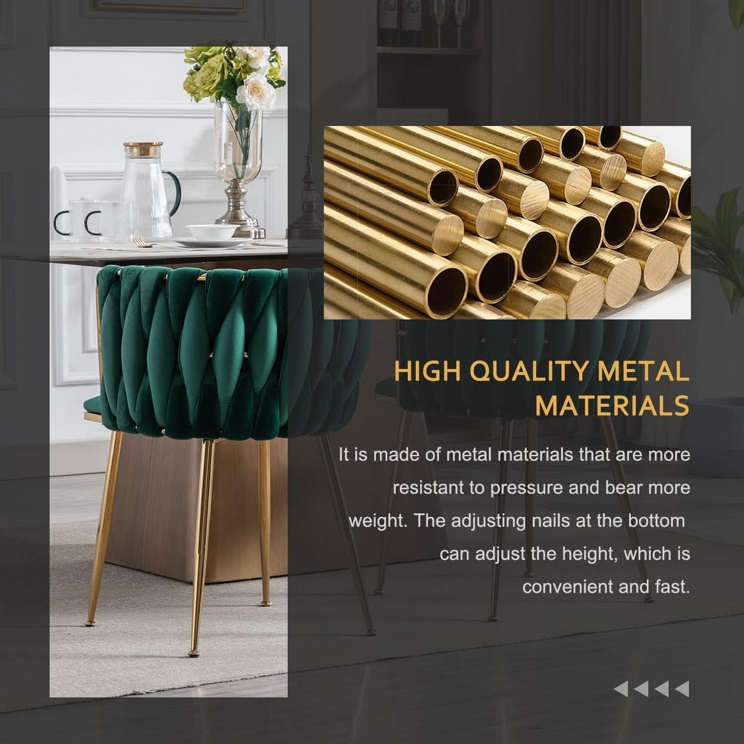 Velvet Dining Chairs Set of 4 With Gold Metal Legs in Green