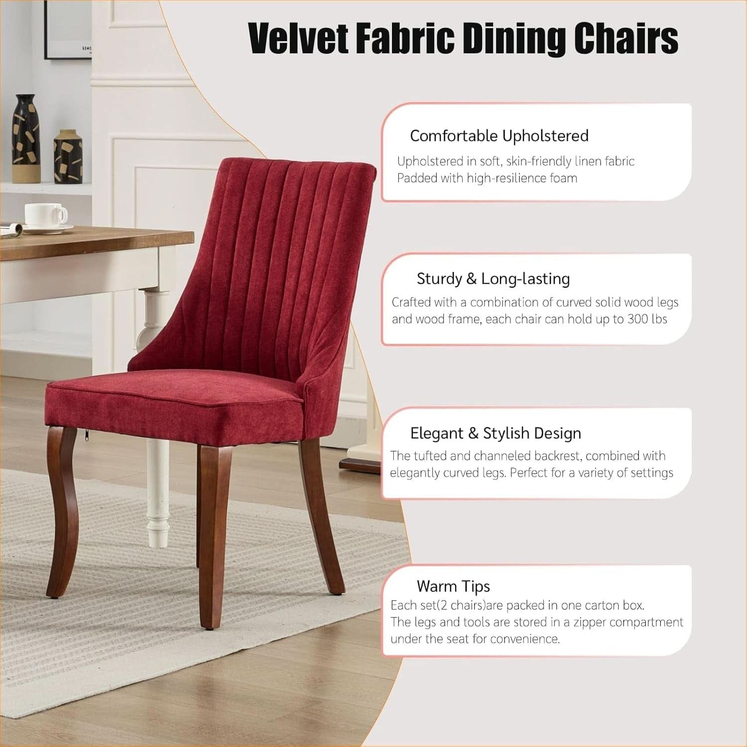 Velvet Dining Chairs Wine Red Channel Tufted Wood Legs