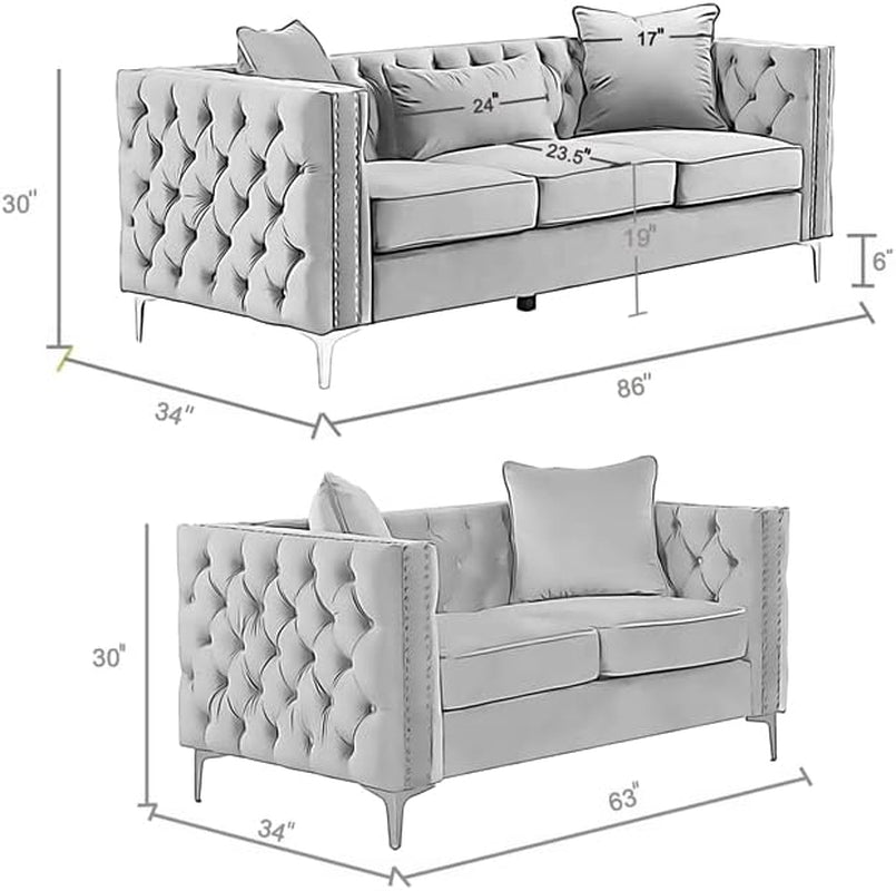 Velvet Fabric Sofa And Loveseat Set Gray For Living Room