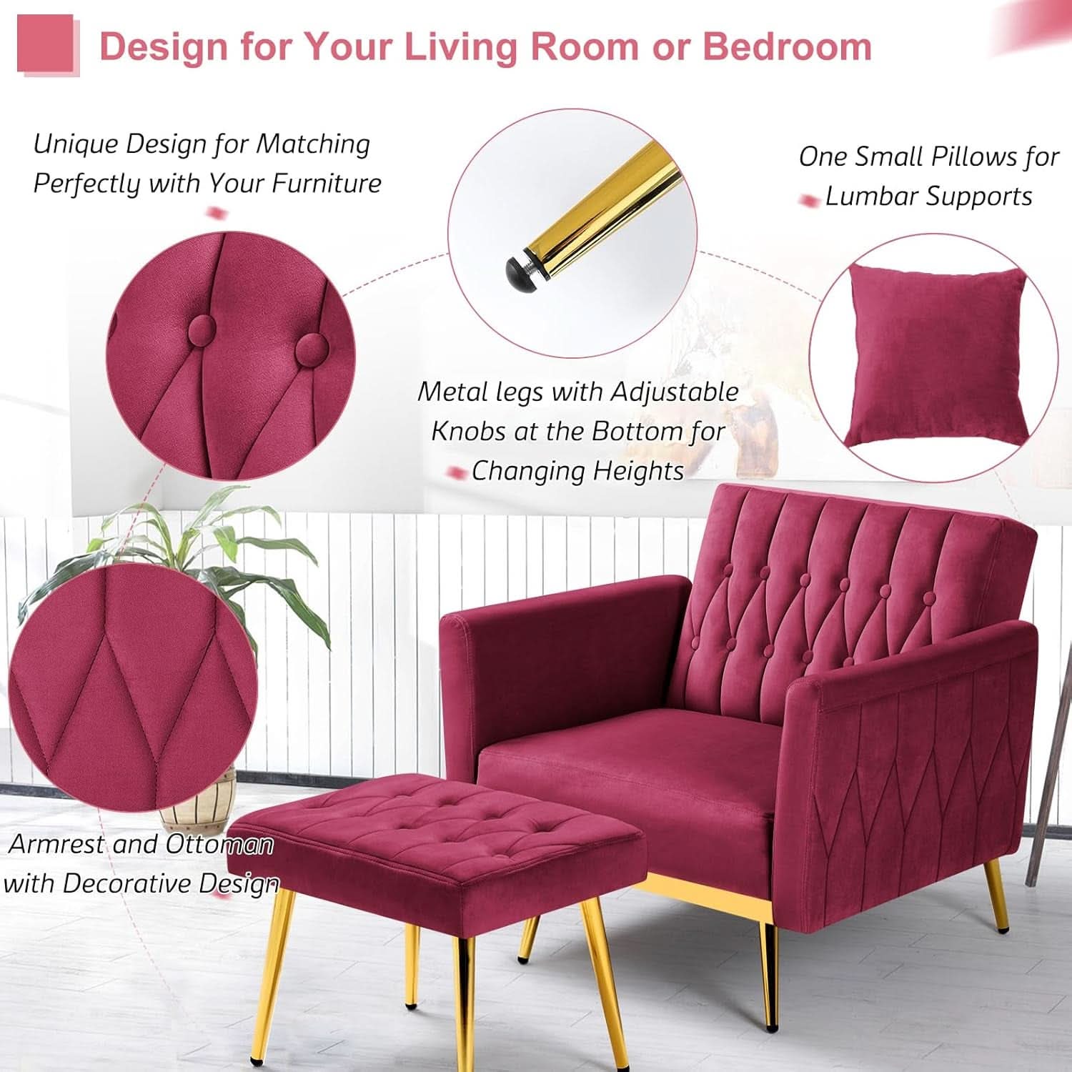 Velvet Futon Sofa Set Adjustable Backrests And Armrests 70 Inch Convertible Sofa Bed And Tufted Accent Chair Fuchsia