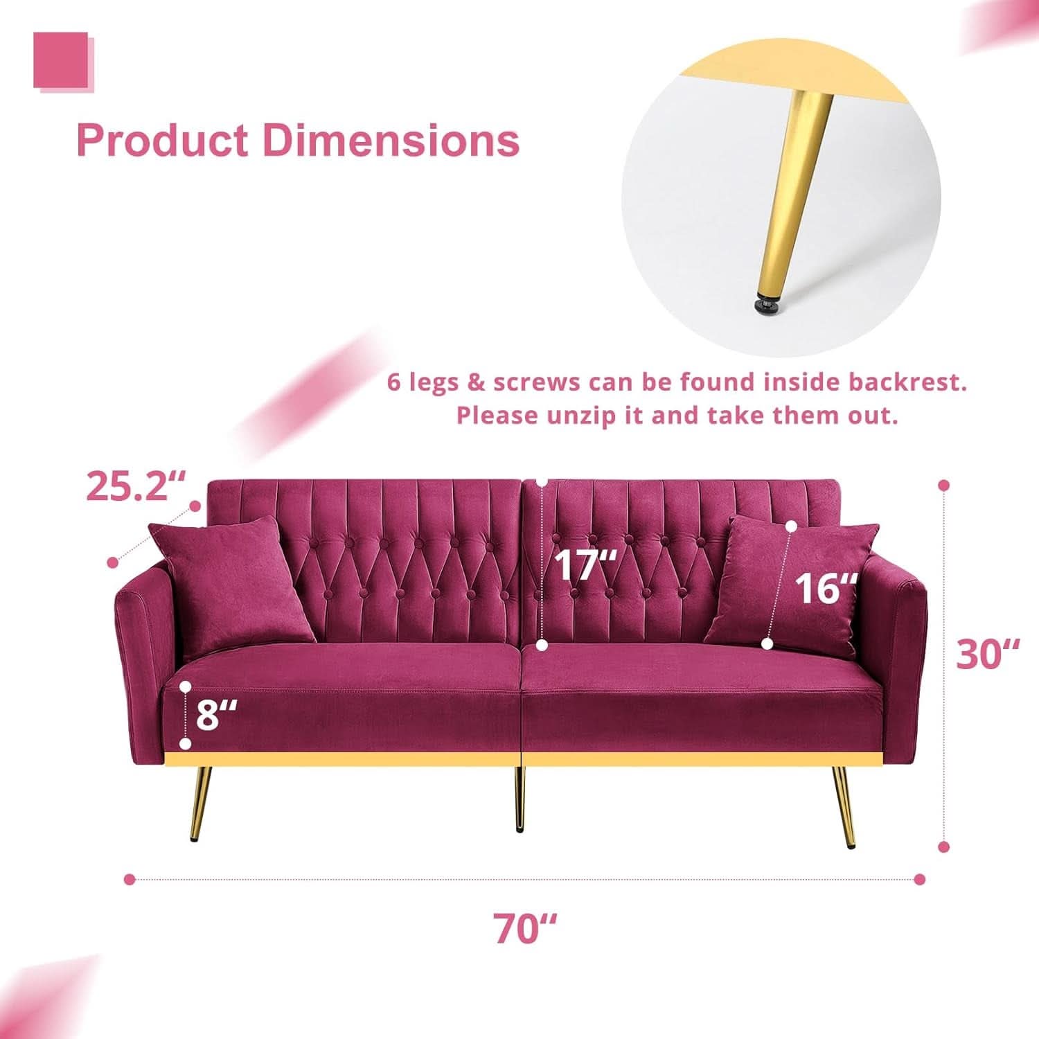 Velvet Futon Sofa Set Adjustable Backrests And Armrests 70 Inch Convertible Sofa Bed And Tufted Accent Chair Fuchsia
