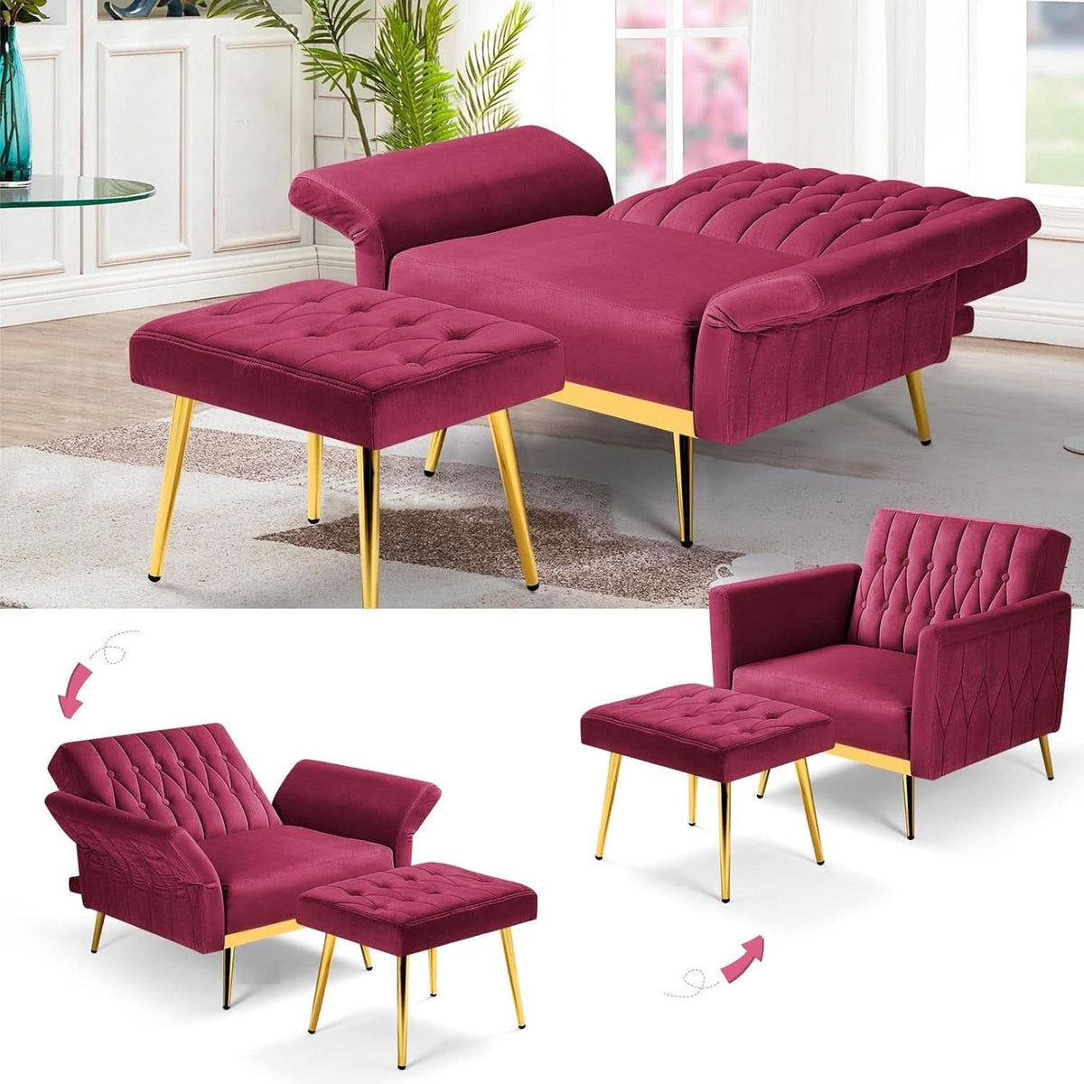 Velvet Futon Sofa Set Adjustable Backrests And Armrests 70 Inch Convertible Sofa Bed And Tufted Accent Chair Fuchsia
