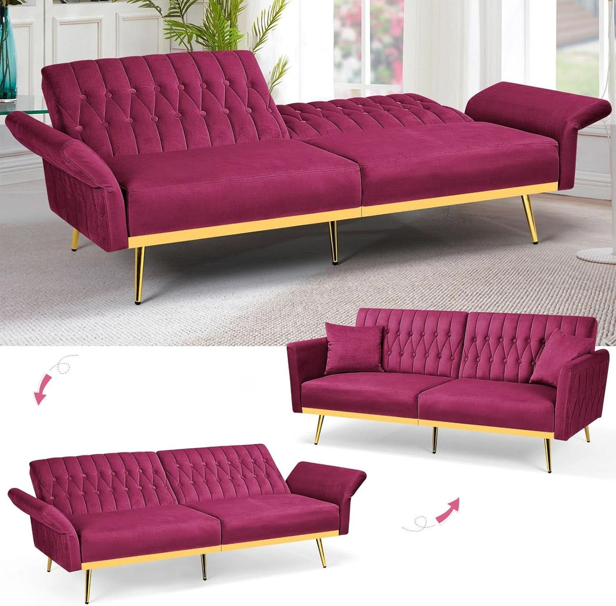 Velvet Futon Sofa Set Adjustable Backrests And Armrests 70 Inch Convertible Sofa Bed And Tufted Accent Chair Fuchsia