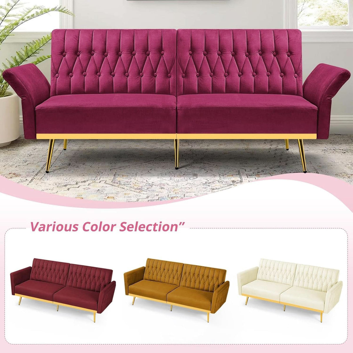 Velvet Futon Sofa Set Adjustable Backrests And Armrests 70 Inch Convertible Sofa Bed And Tufted Accent Chair Fuchsia