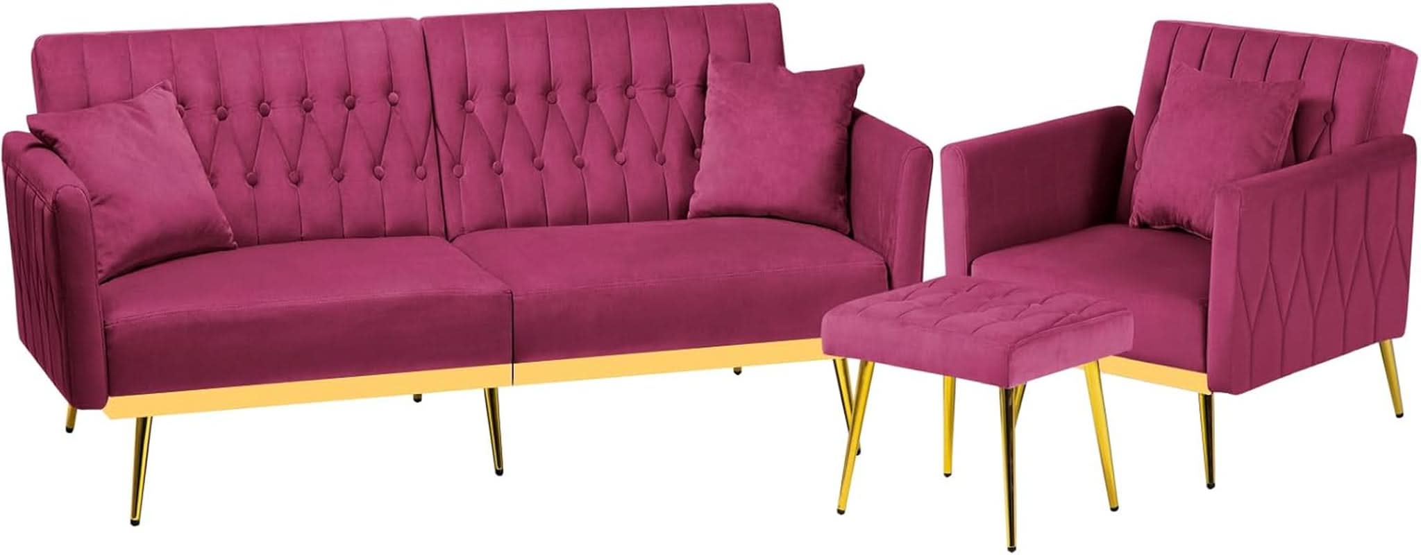 Velvet Futon Sofa Set Adjustable Backrests And Armrests 70 Inch Convertible Sofa Bed And Tufted Accent Chair Fuchsia