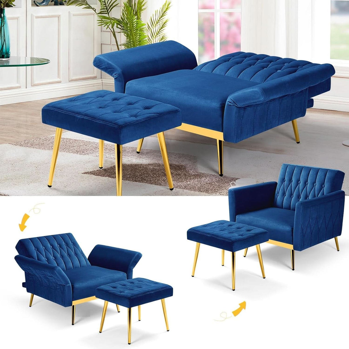 Velvet Futon Sofa Set Two Piece With Convertible Sofa Bed And Tufted Accent Chair In Blue