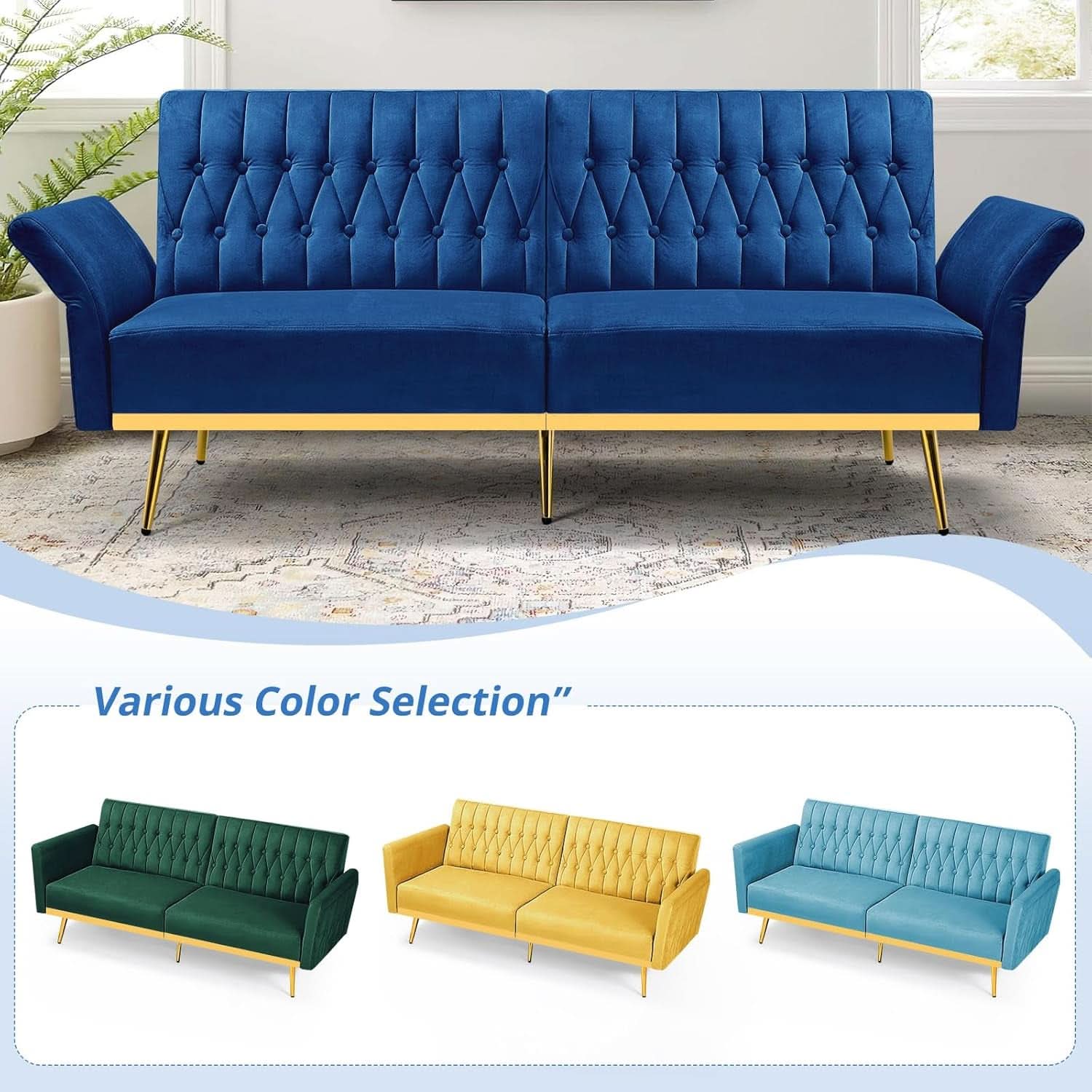 Velvet Futon Sofa Set Two Piece With Convertible Sofa Bed And Tufted Accent Chair In Blue