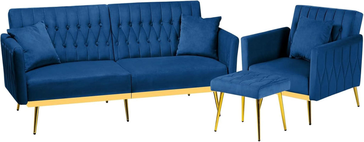Velvet Futon Sofa Set Two Piece With Convertible Sofa Bed And Tufted Accent Chair In Blue