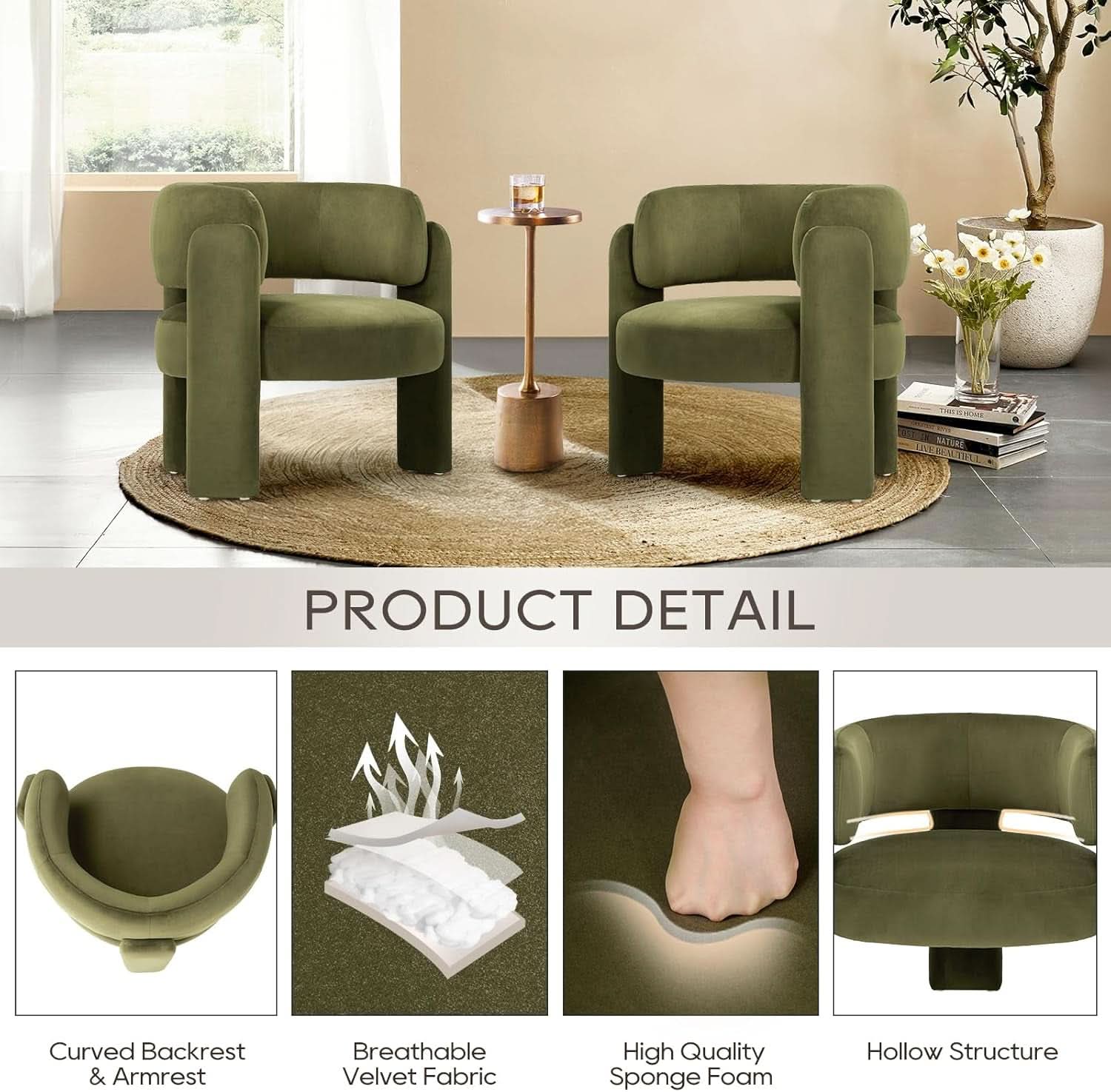 Velvet Green Barrel Armchairs Set Of 2 For Living Room Decor