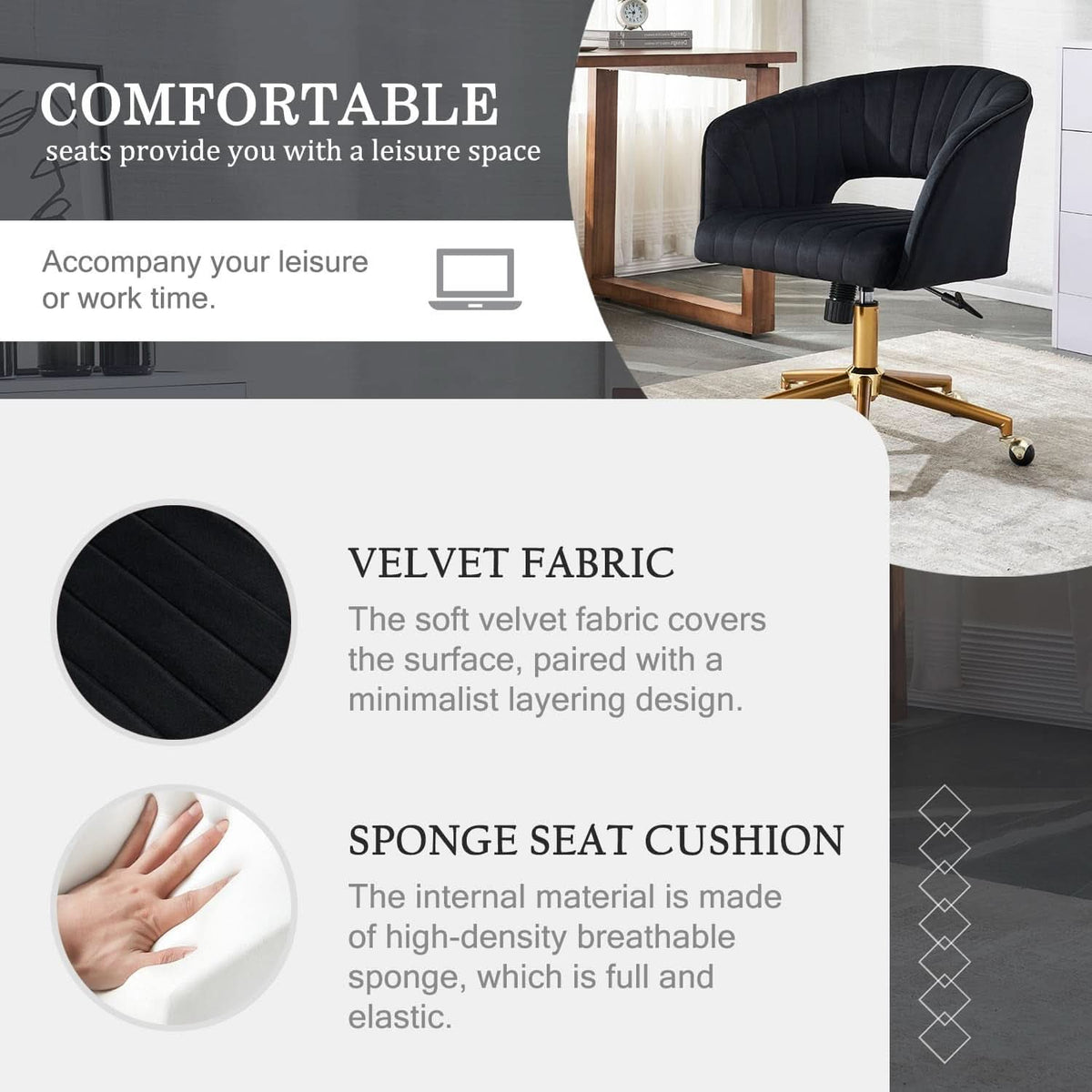 Velvet Home Office Chair 360 Degree Swivel Black Lux Velvet