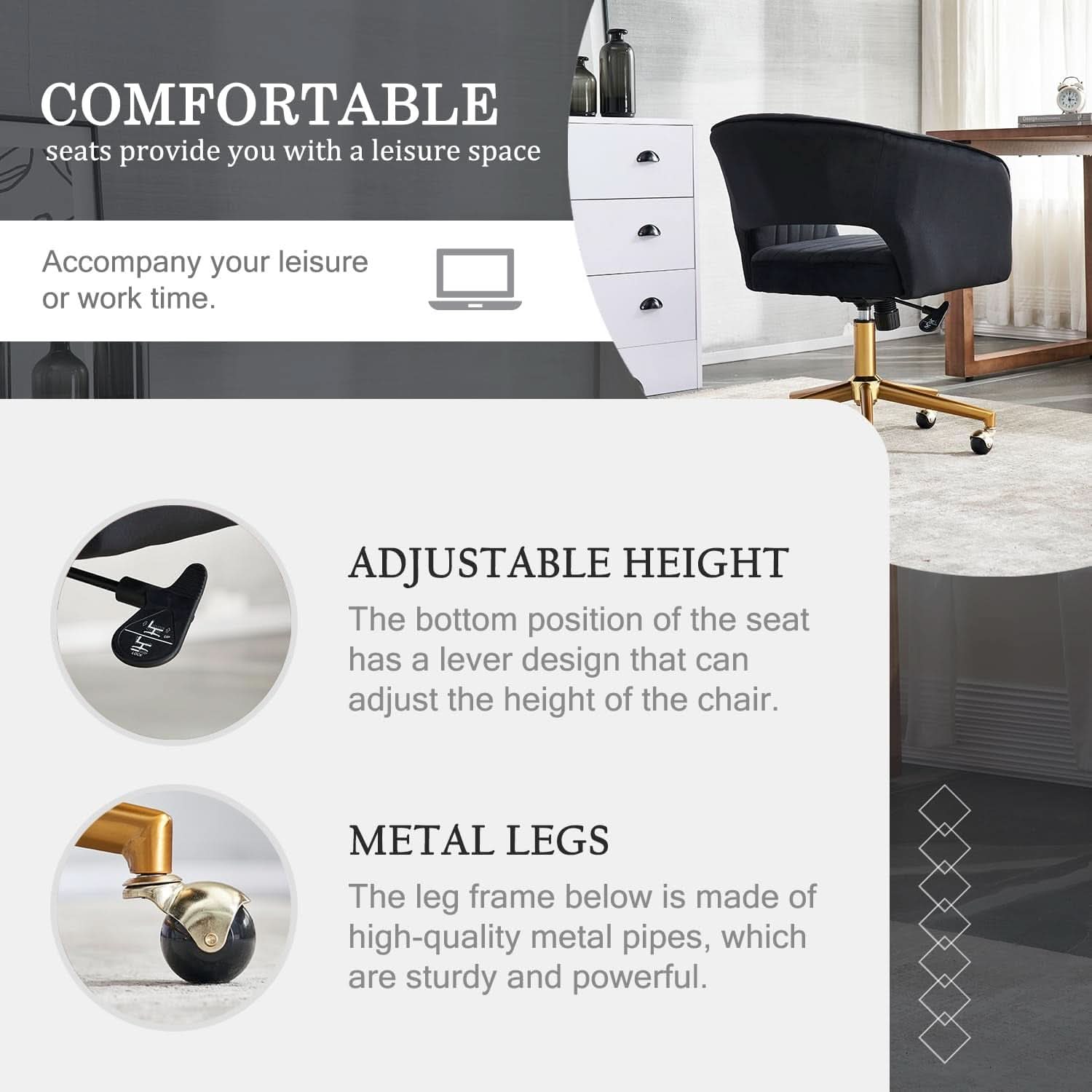 Velvet Home Office Chair 360 Degree Swivel Black Lux Velvet