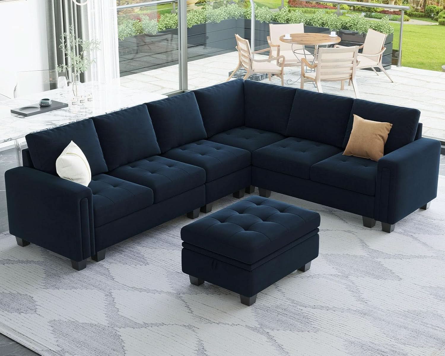 Velvet L Shaped Sofa Reversible Chaise Storage Ottoman Blue