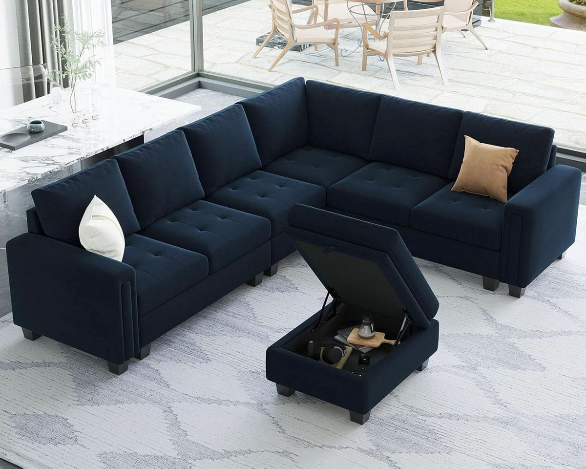 Velvet L Shaped Sofa Reversible Chaise Storage Ottoman Blue
