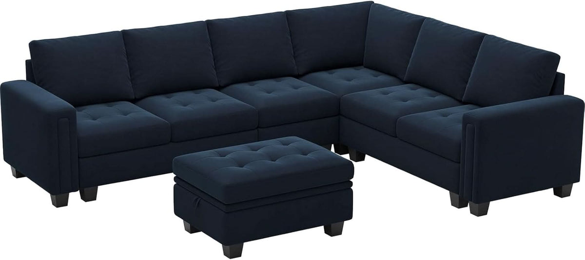 Velvet L Shaped Sofa Reversible Chaise Storage Ottoman Blue