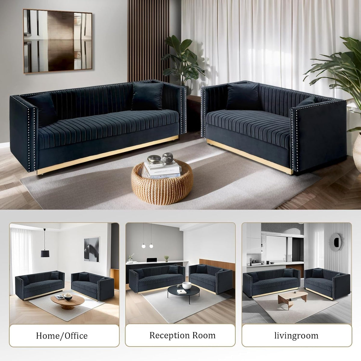 Velvet L Shaped Sofa Set With Gold Legs For Living Room