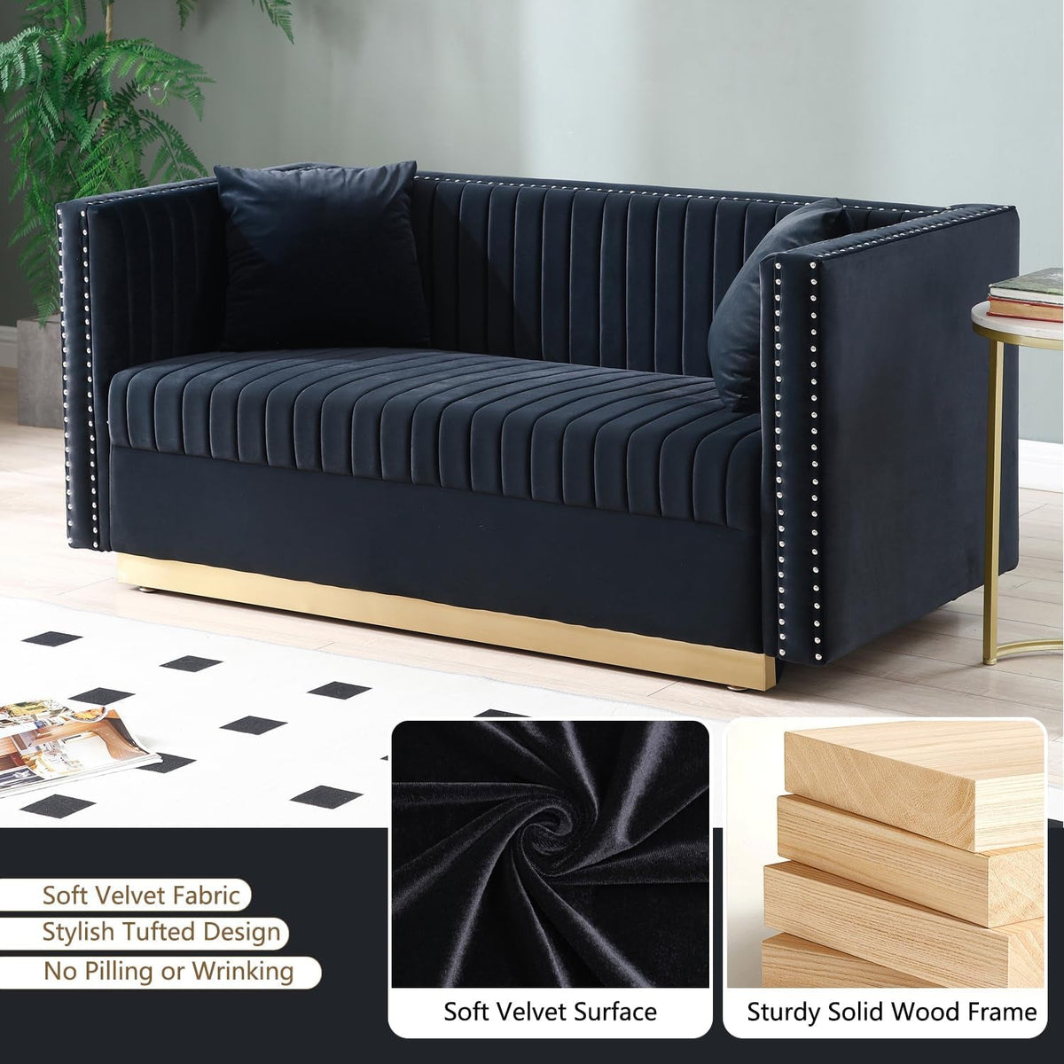 Velvet L Shaped Sofa Set With Gold Legs For Living Room