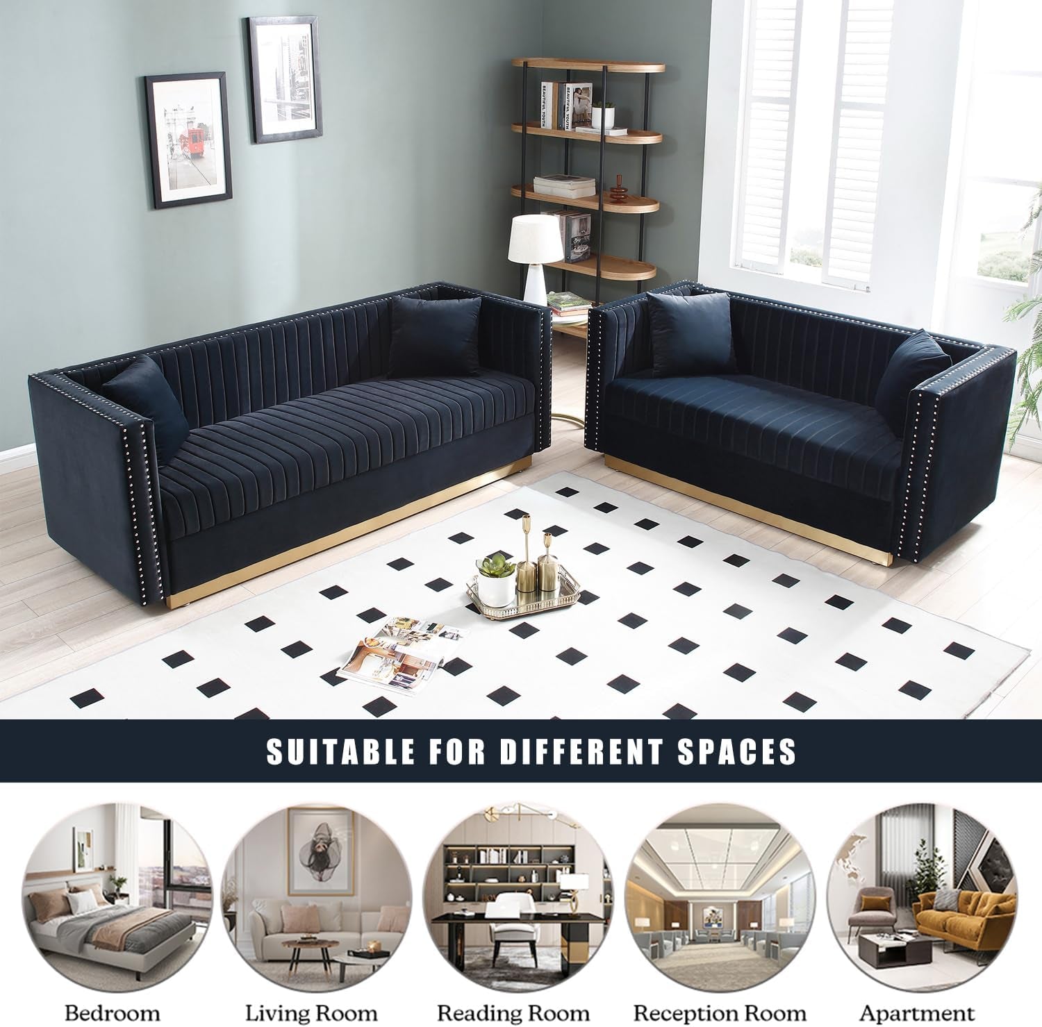 Velvet L Shaped Sofa Set With Gold Legs For Living Room