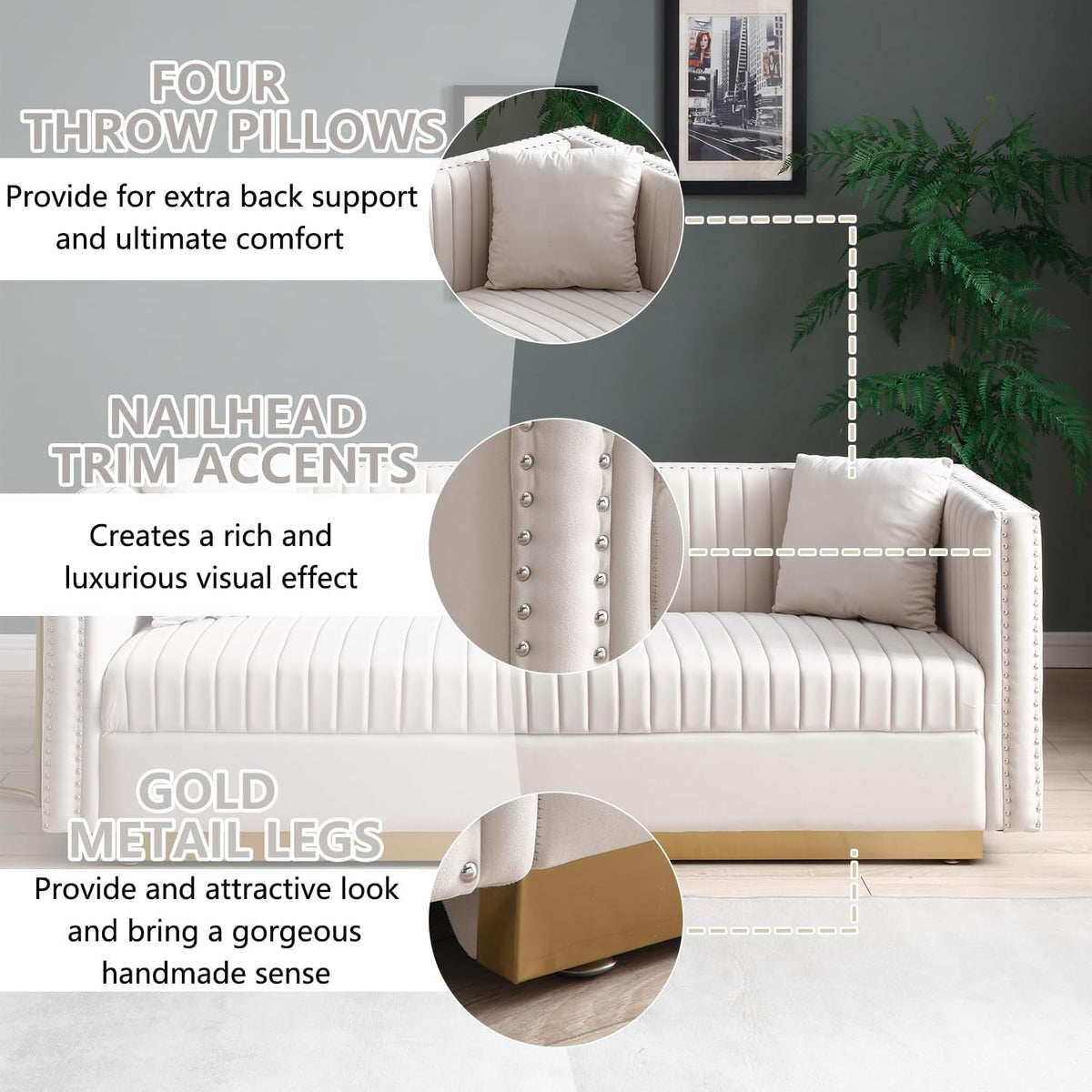 Velvet L Shaped Sofa Set With Nailhead Trim And Gold Legs