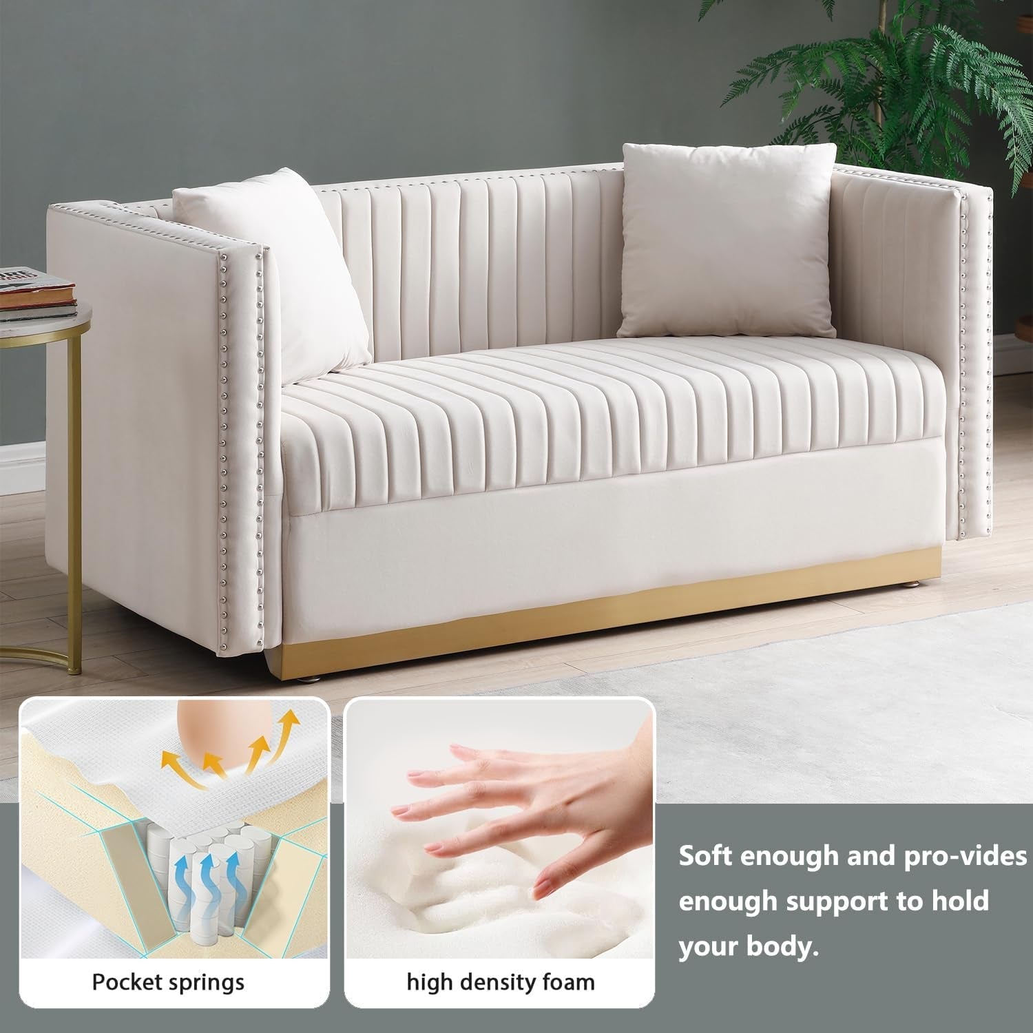 Velvet L Shaped Sofa Set With Nailhead Trim And Gold Legs