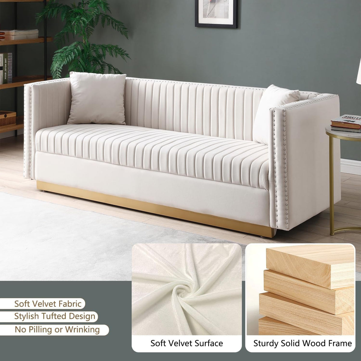 Velvet L Shaped Sofa Set With Nailhead Trim And Gold Legs