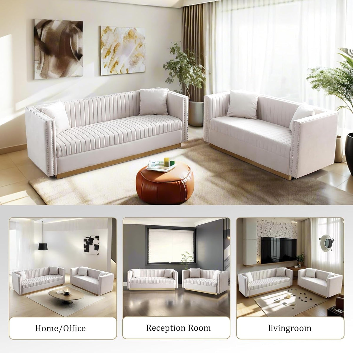 Velvet L Shaped Sofa Set With Nailhead Trim And Gold Legs