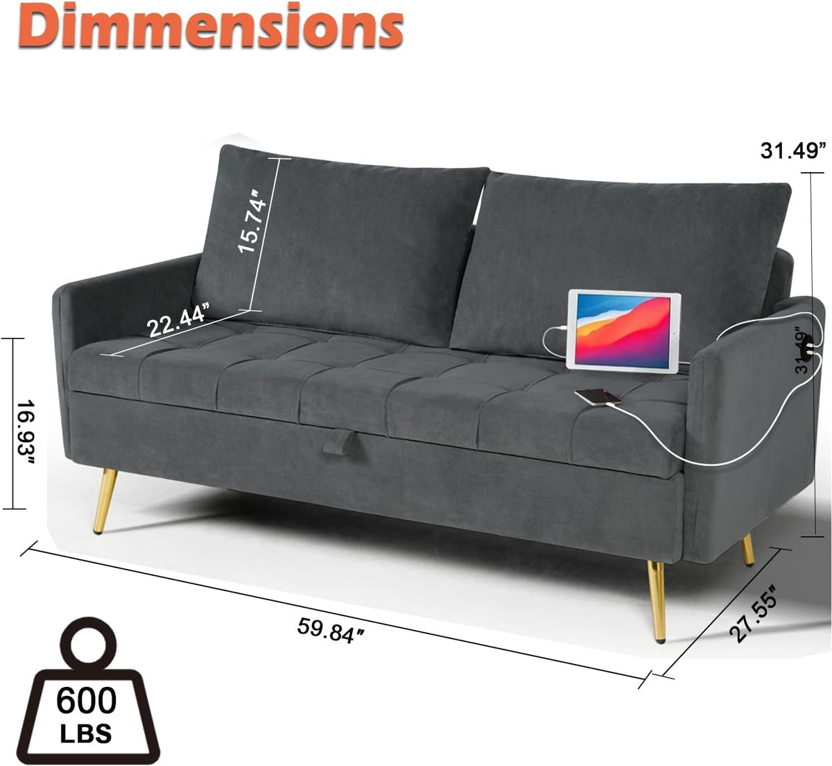 Velvet Loveseat Sofa with Storage and USB Ports