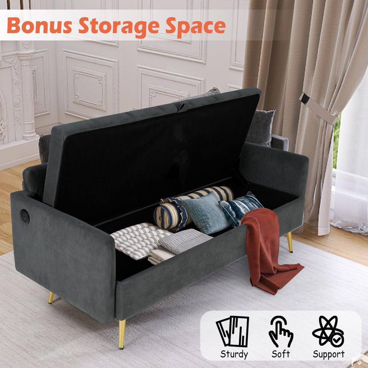 Velvet Loveseat Sofa with Storage and USB Ports