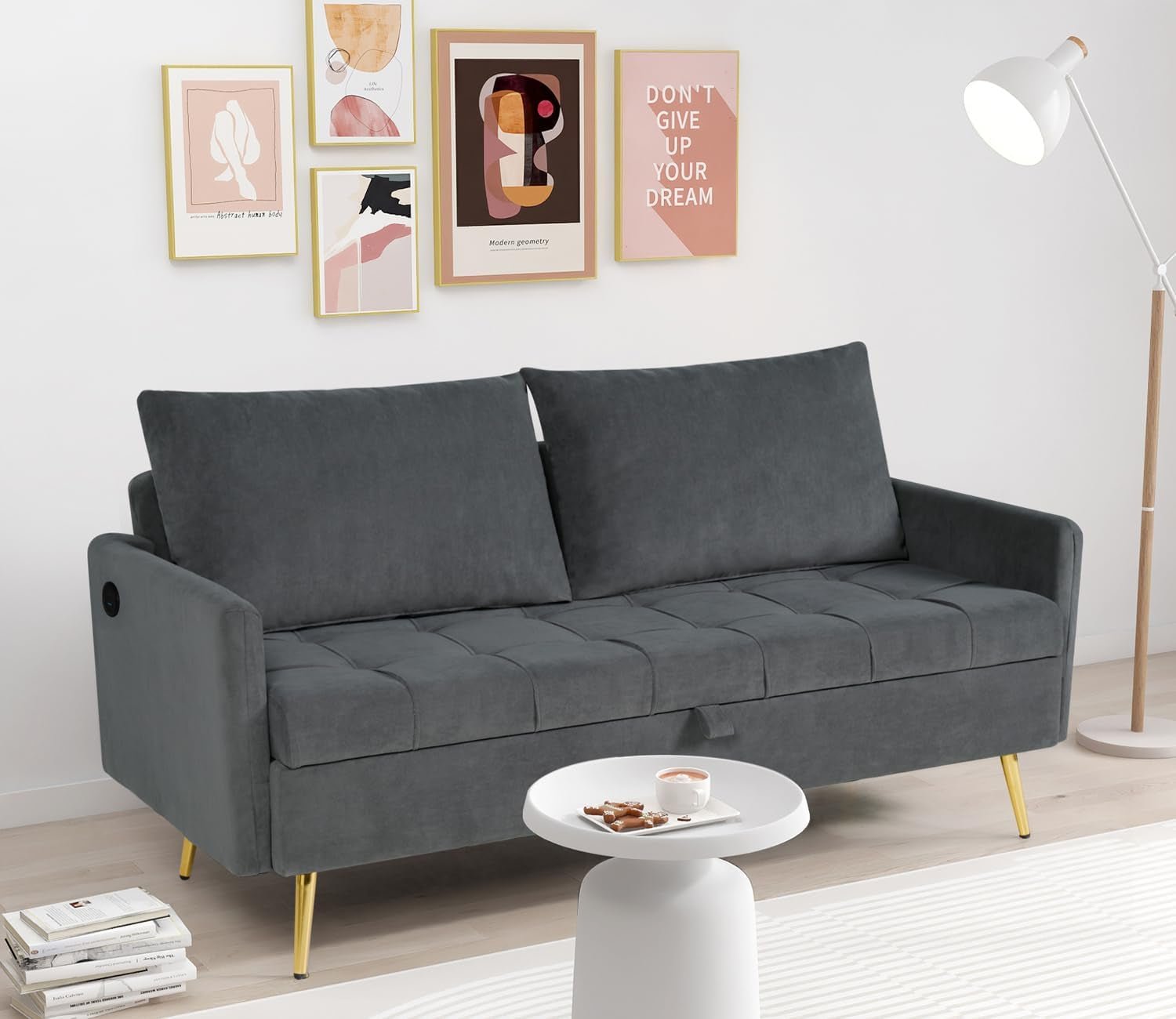 Velvet Loveseat Sofa with Storage and USB Ports