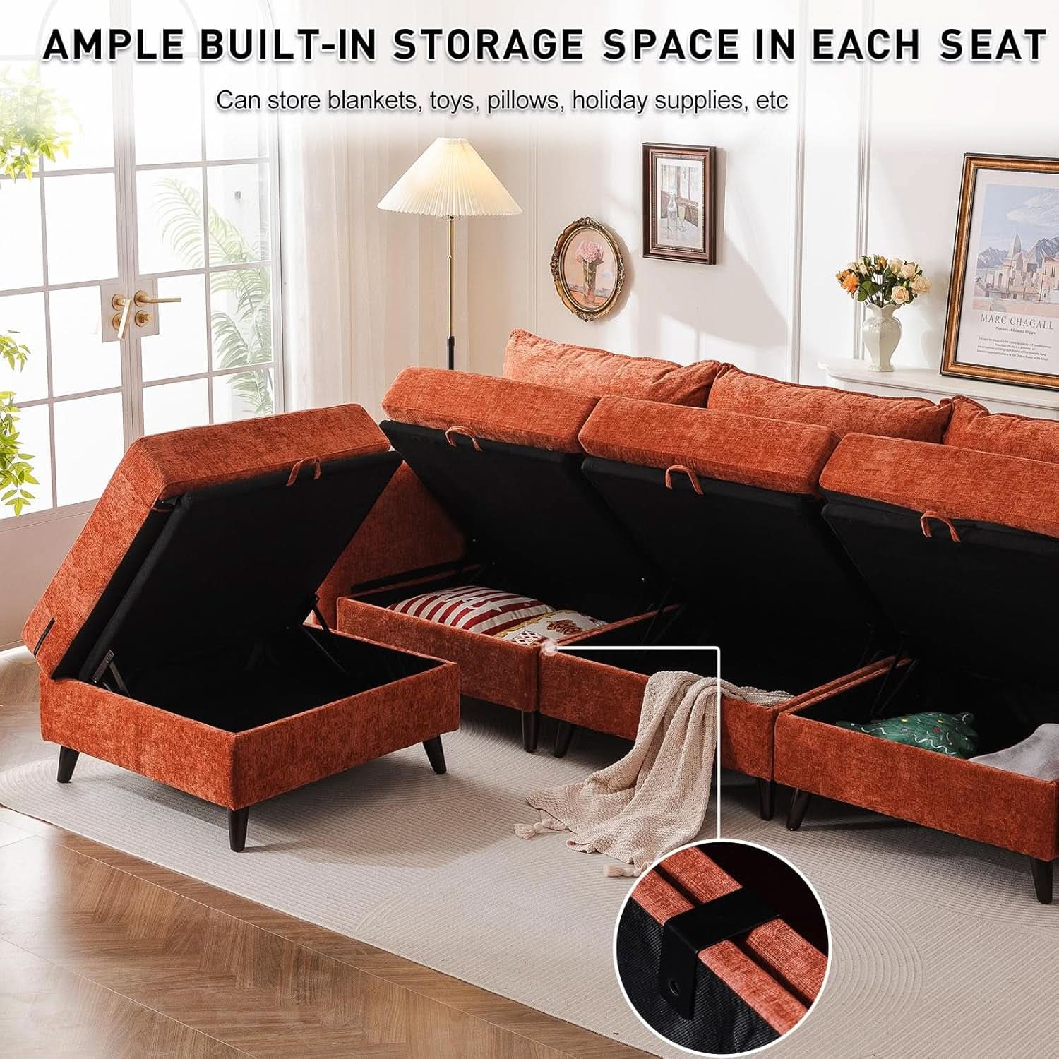 Velvet Orange 135 Modular Sectional Sofa Storage Ottoman