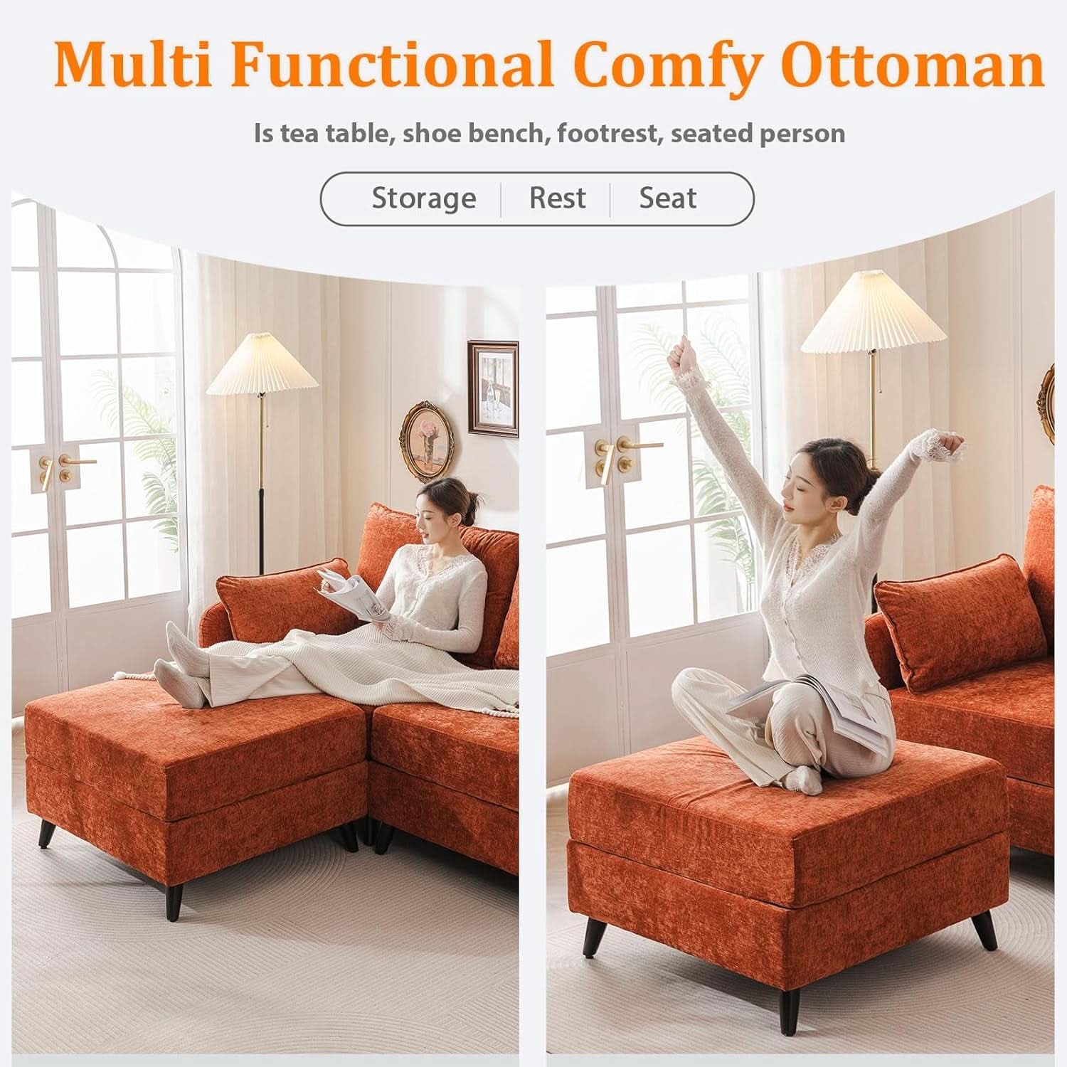 Velvet Orange 135 Modular Sectional Sofa Storage Ottoman