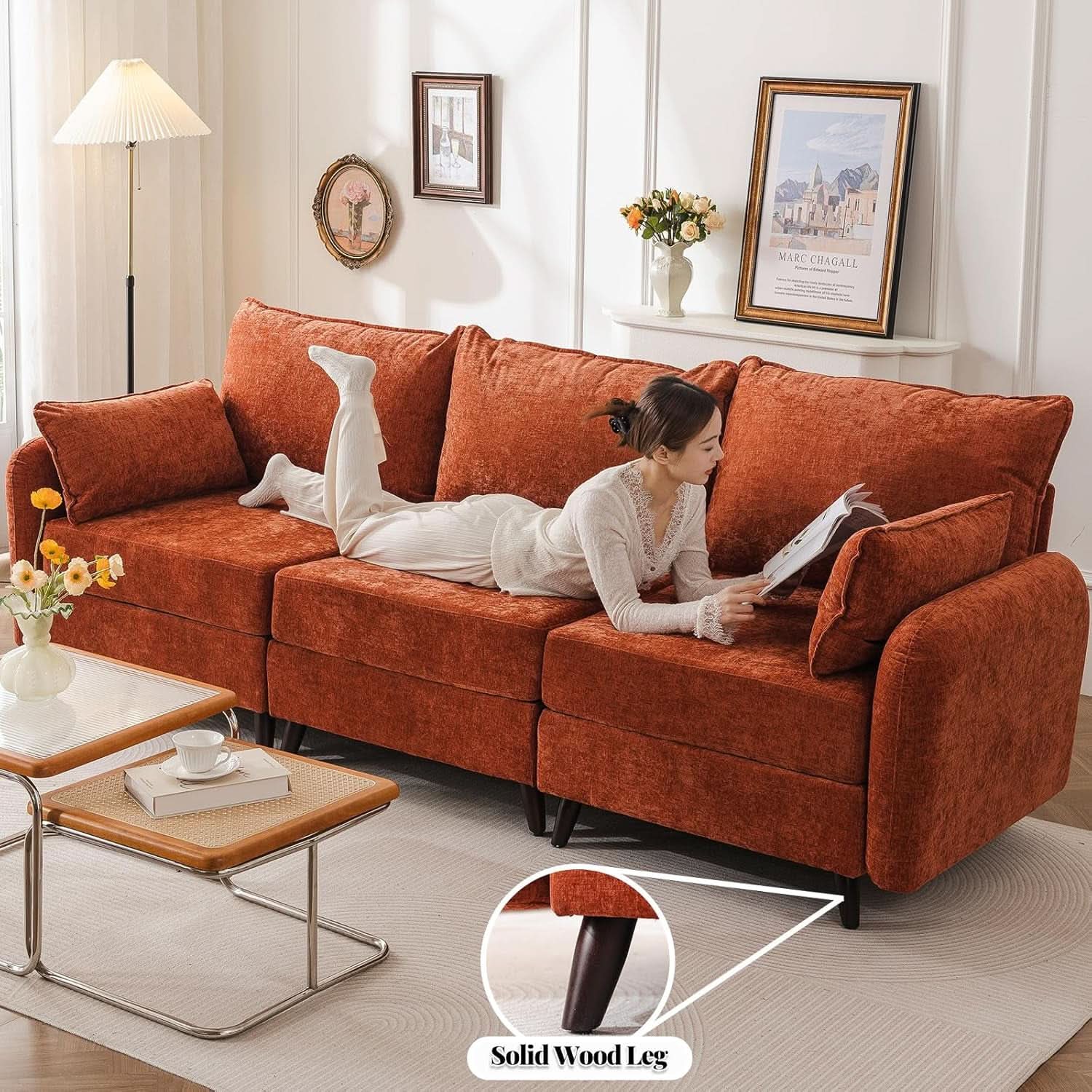Velvet Orange 135 Modular Sectional Sofa Storage Ottoman