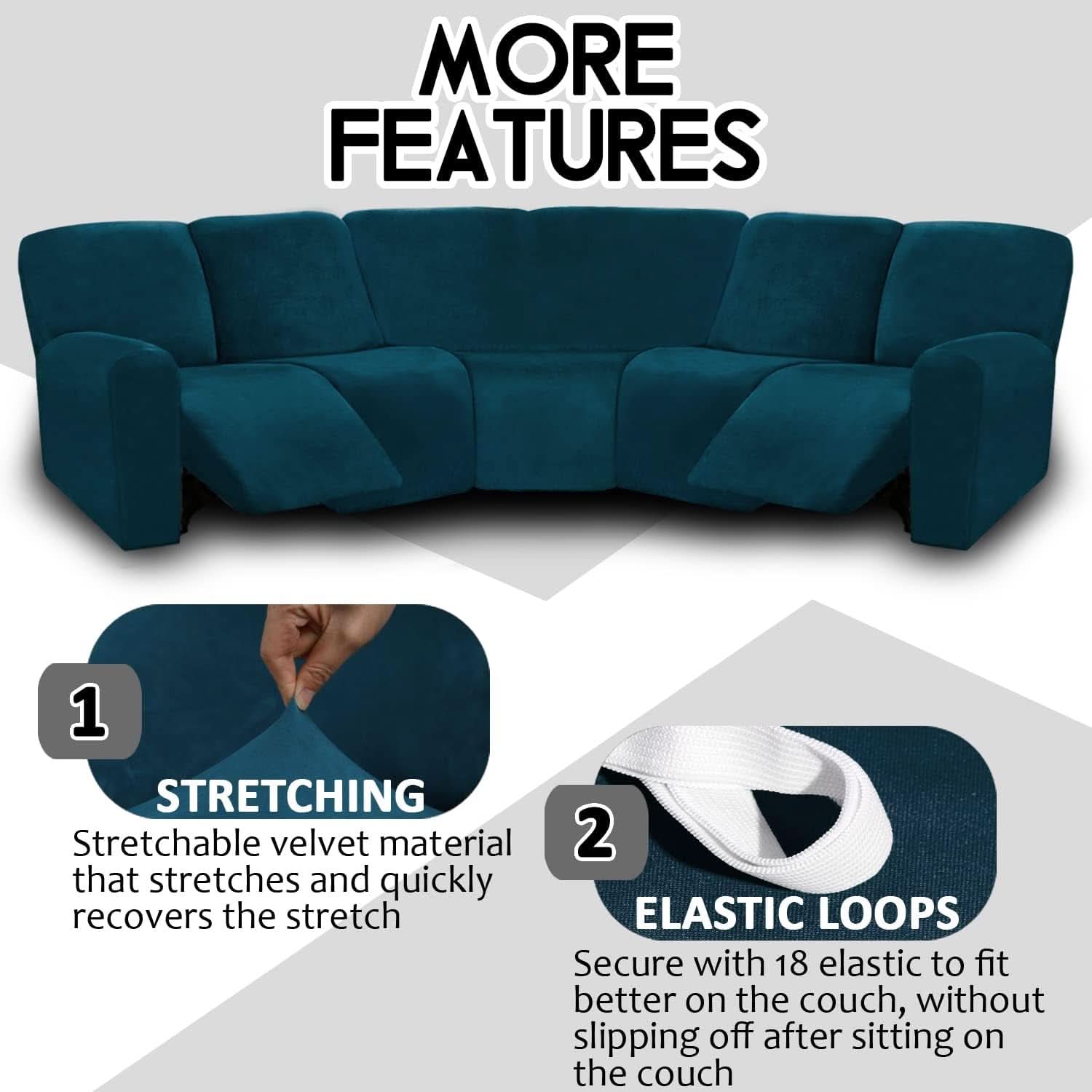 Velvet Seven Piece Sectional Recliner Sofa Cover Deep Teal