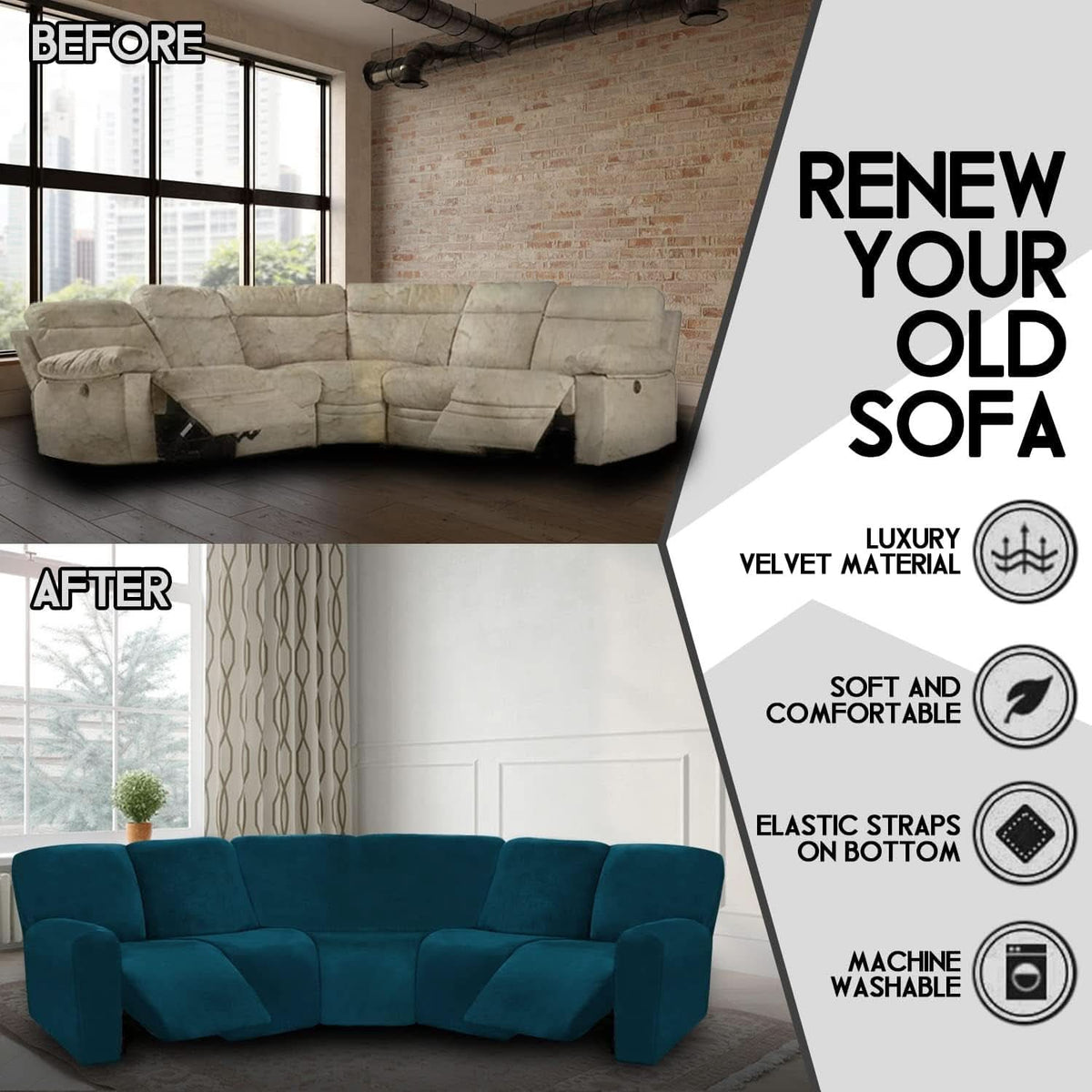 Velvet Seven Piece Sectional Recliner Sofa Cover Deep Teal