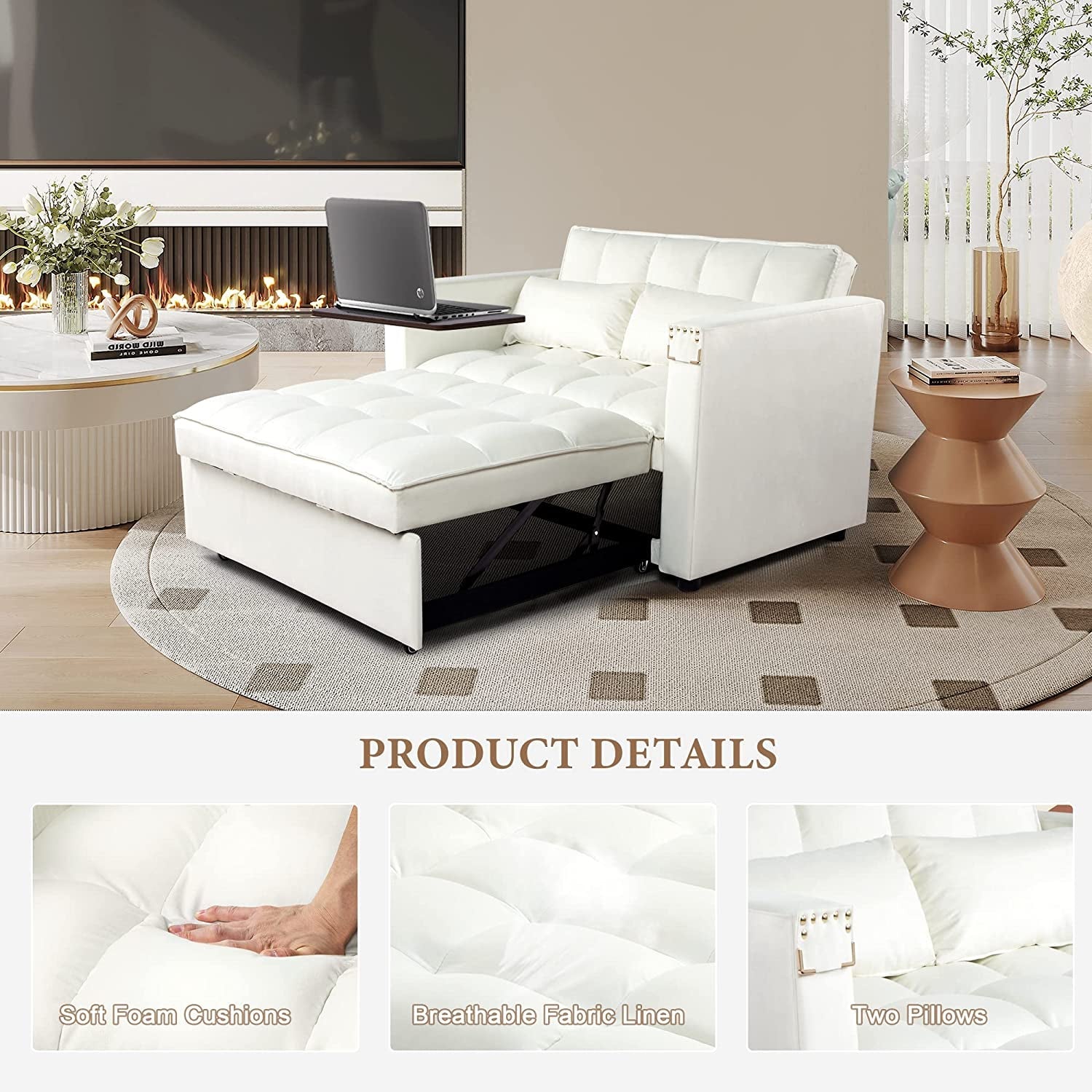 Velvet Sleeper Sofa Bed With Hidden Table Three In One