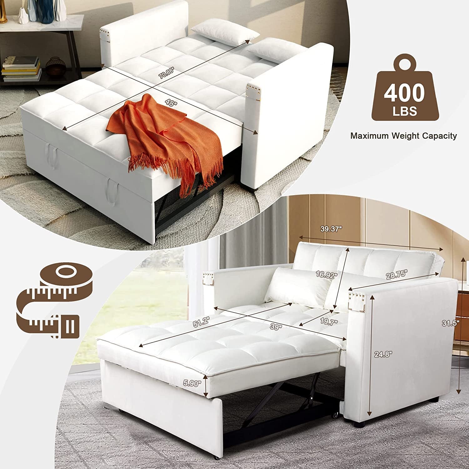 Velvet Sleeper Sofa Bed With Hidden Table Three In One