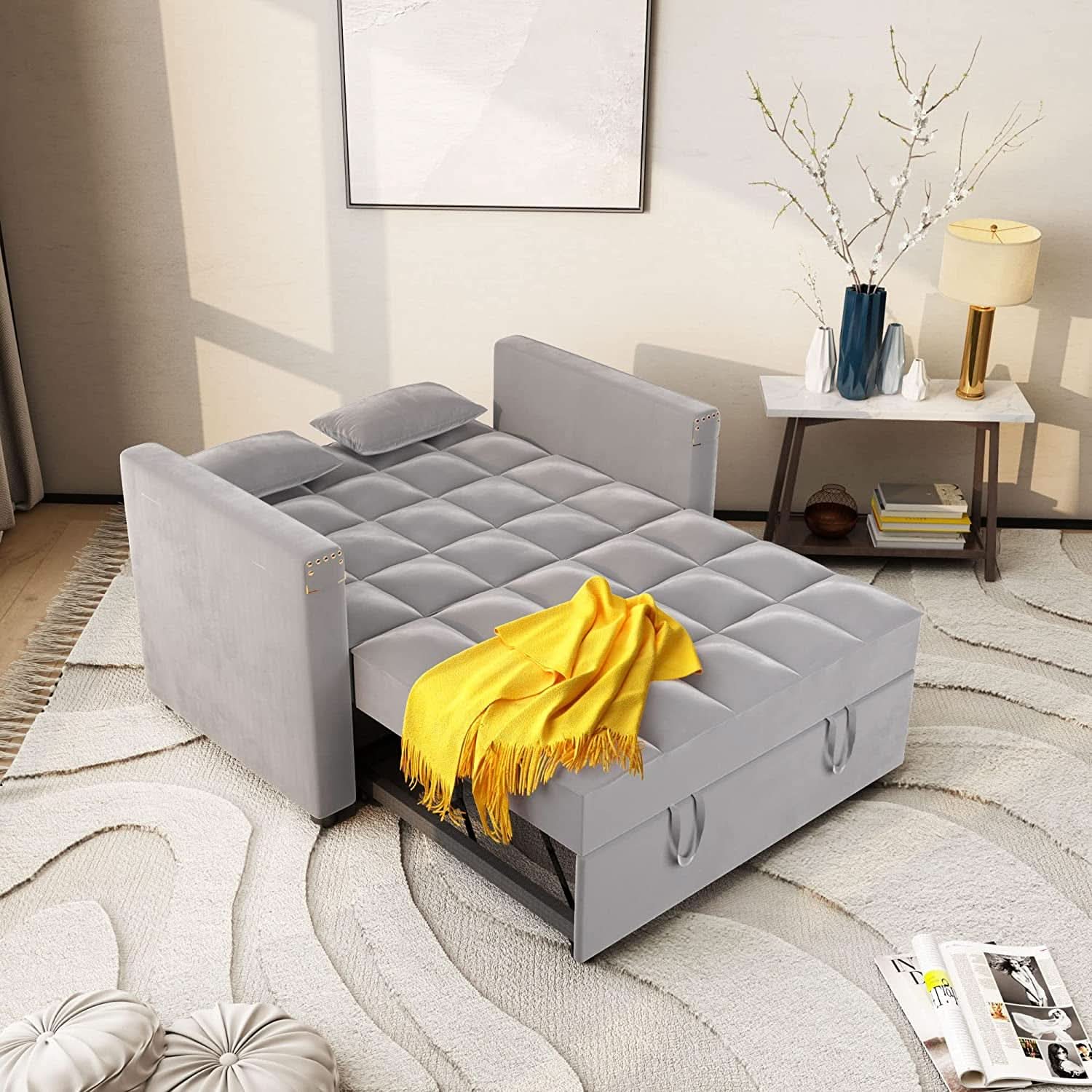 Velvet Sleeper Sofa With Hidden Table For Small Spaces
