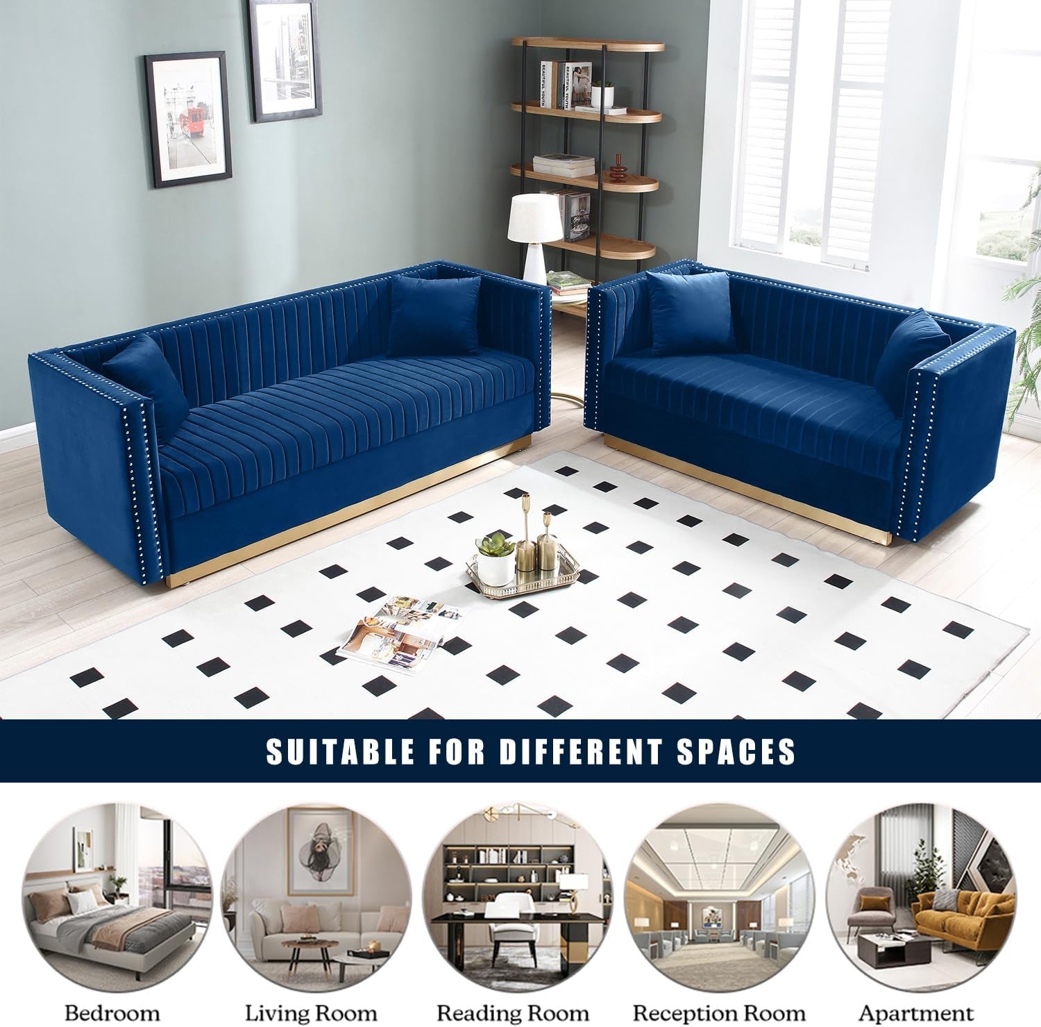 Velvet Sofa Set Blue L Shaped Couch And Loveseat Office