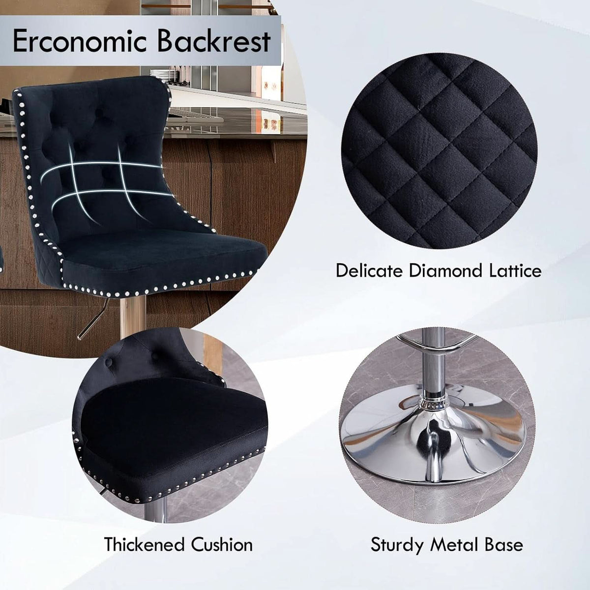 Velvet Swivel Bar Stools Adjustable Set Of 4 In Black