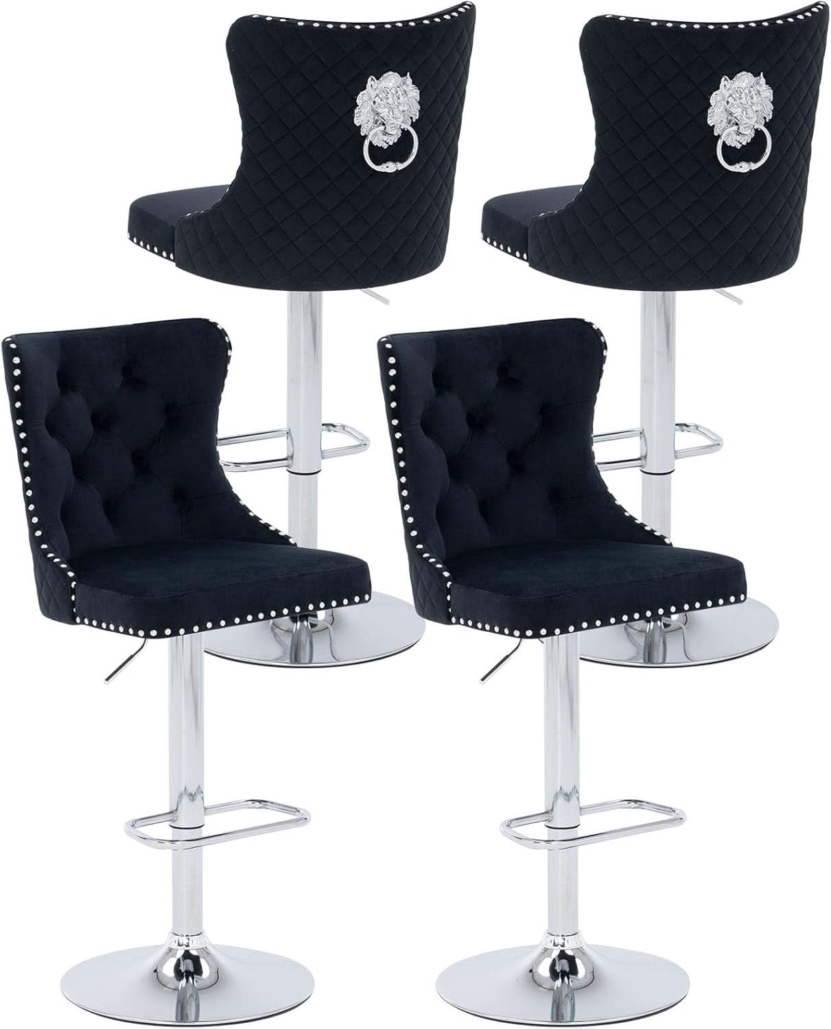 Velvet Swivel Bar Stools Adjustable Set Of 4 In Black