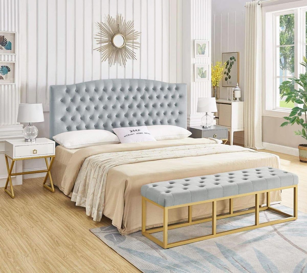 Velvet Tufted King Headboard Stylish Comfortable Gray Design