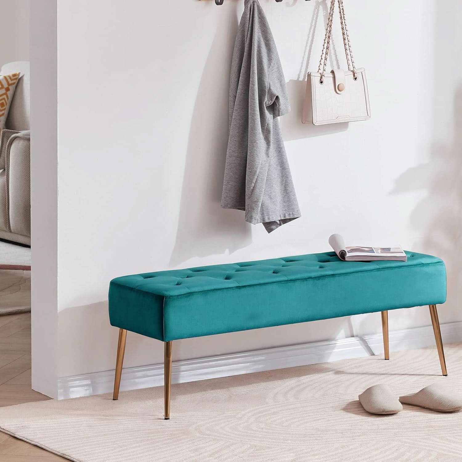 Velvet Upholstered Button Tufted Ottoman Gold Base