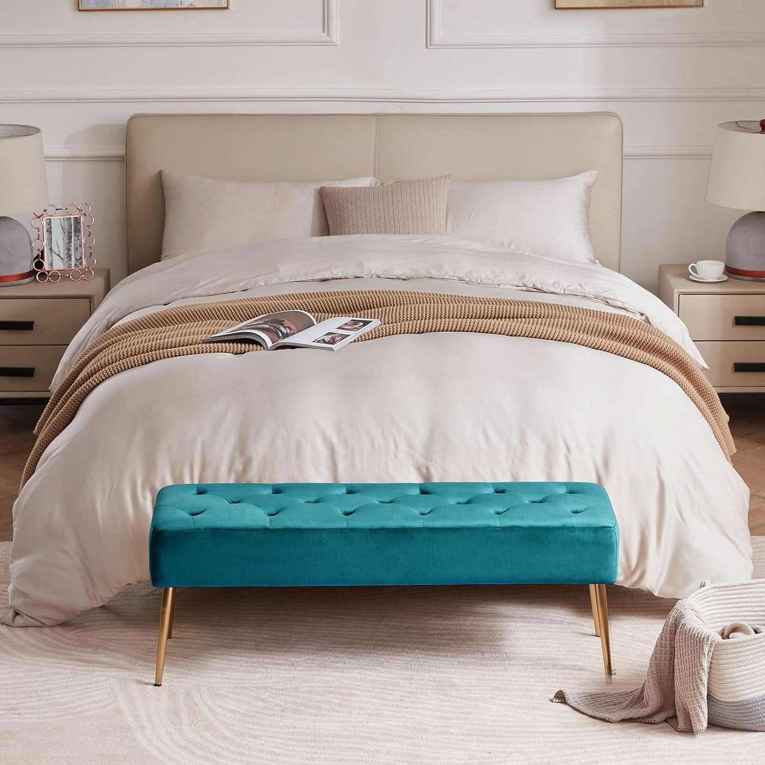 Velvet Upholstered Button Tufted Ottoman Gold Base