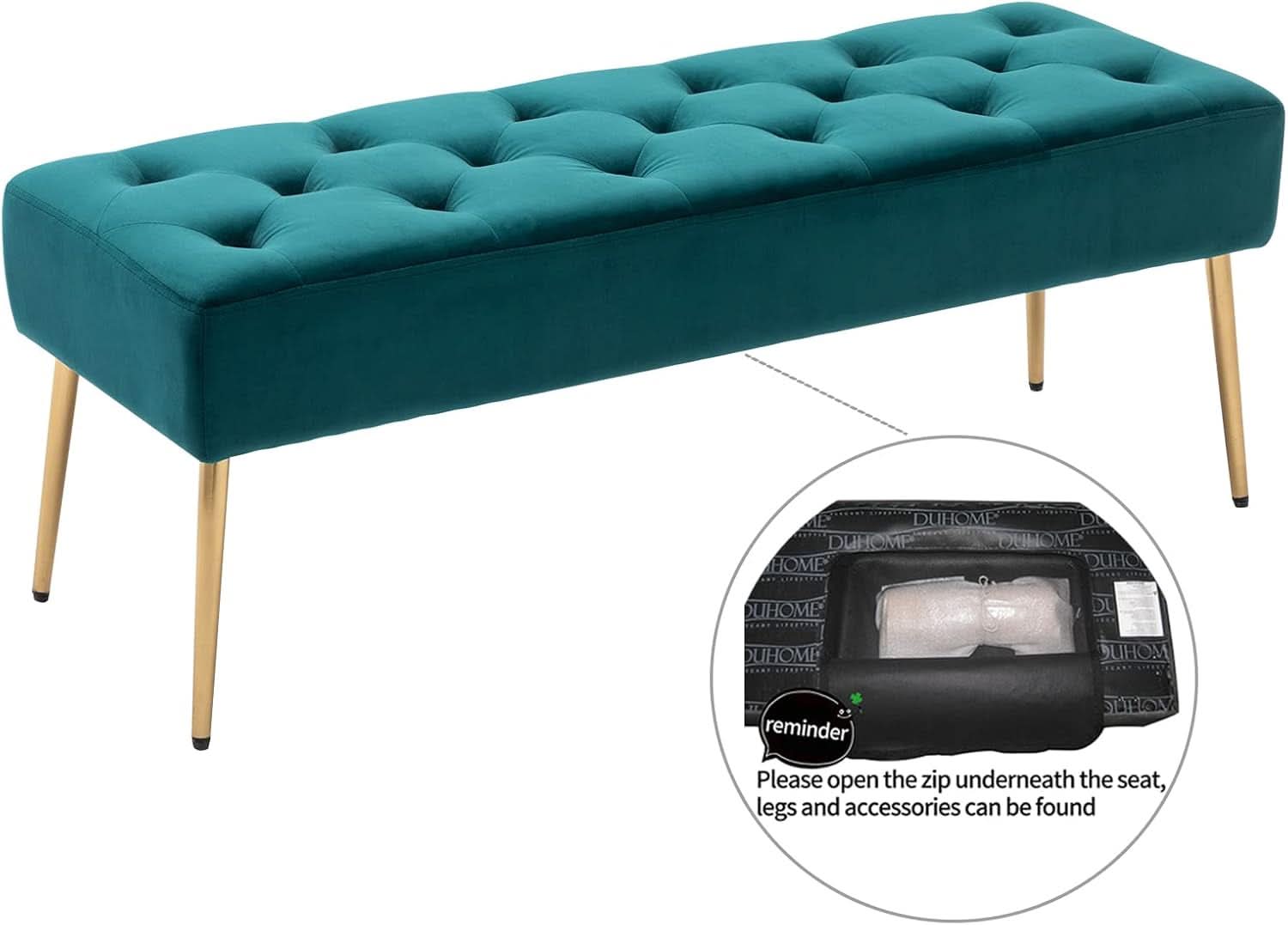 Velvet Upholstered Button Tufted Ottoman Gold Base