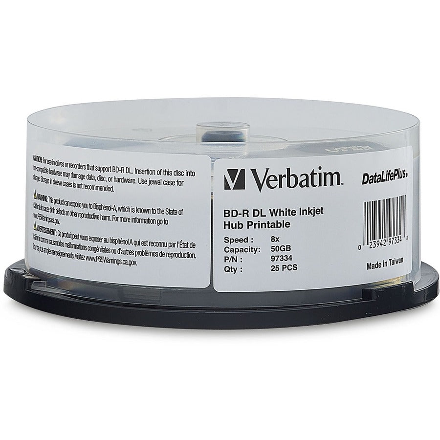 Verbatim Bd-R Dl 50Gb 8X, White Label, Datalife+, White Inkjet Hub Printable, 25Pk Spindle