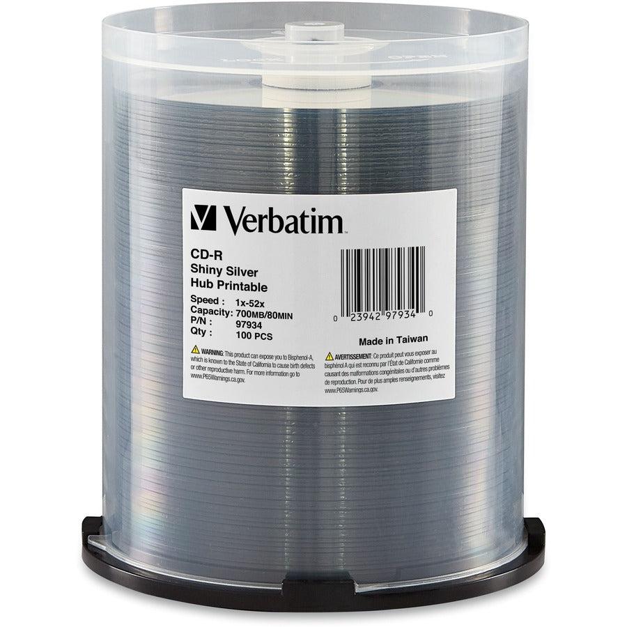 Verbatim Cd-R 700Mb 52X Shiny Silver Silk Screen Printable, Hub Printable - 100Pk Spindle