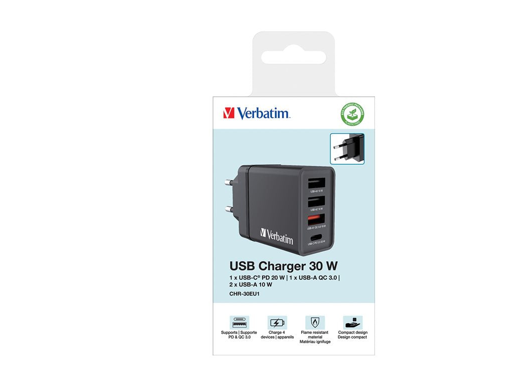 Verbatim - Power adapter - 30 Watt - PD 3.0, QC 3.0 - 4 output connectors (24 pin USB-C, 3 x USB Type A) - black -
