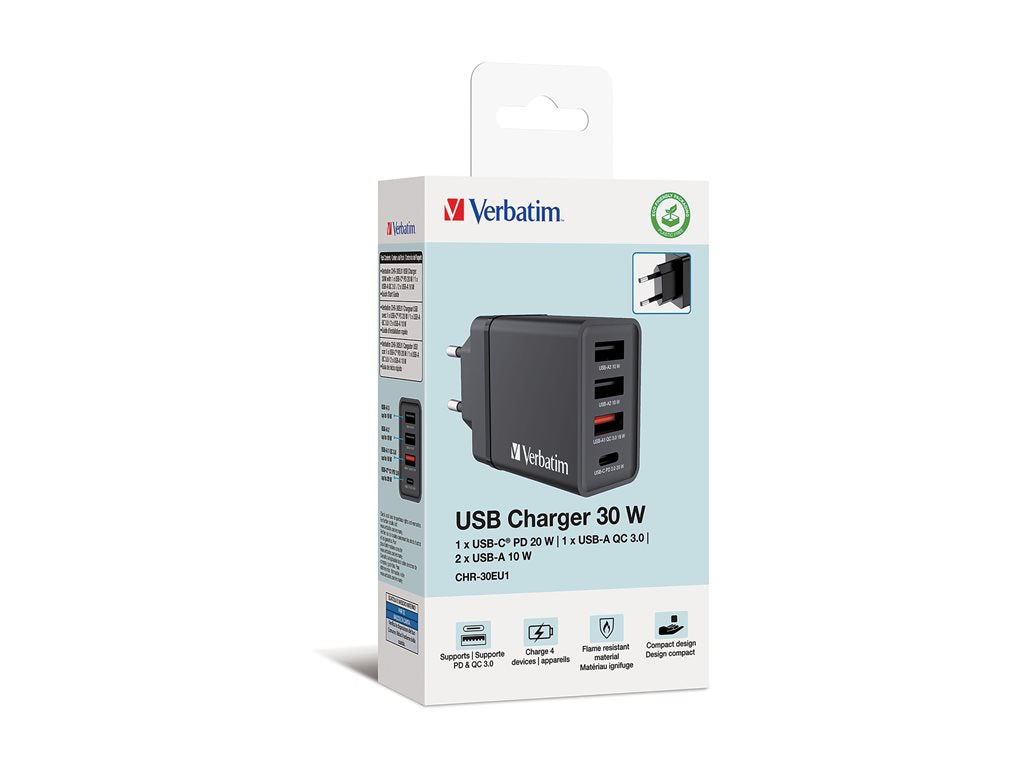 Verbatim - Power adapter - 30 Watt - PD 3.0, QC 3.0 - 4 output connectors (24 pin USB-C, 3 x USB Type A) - black -