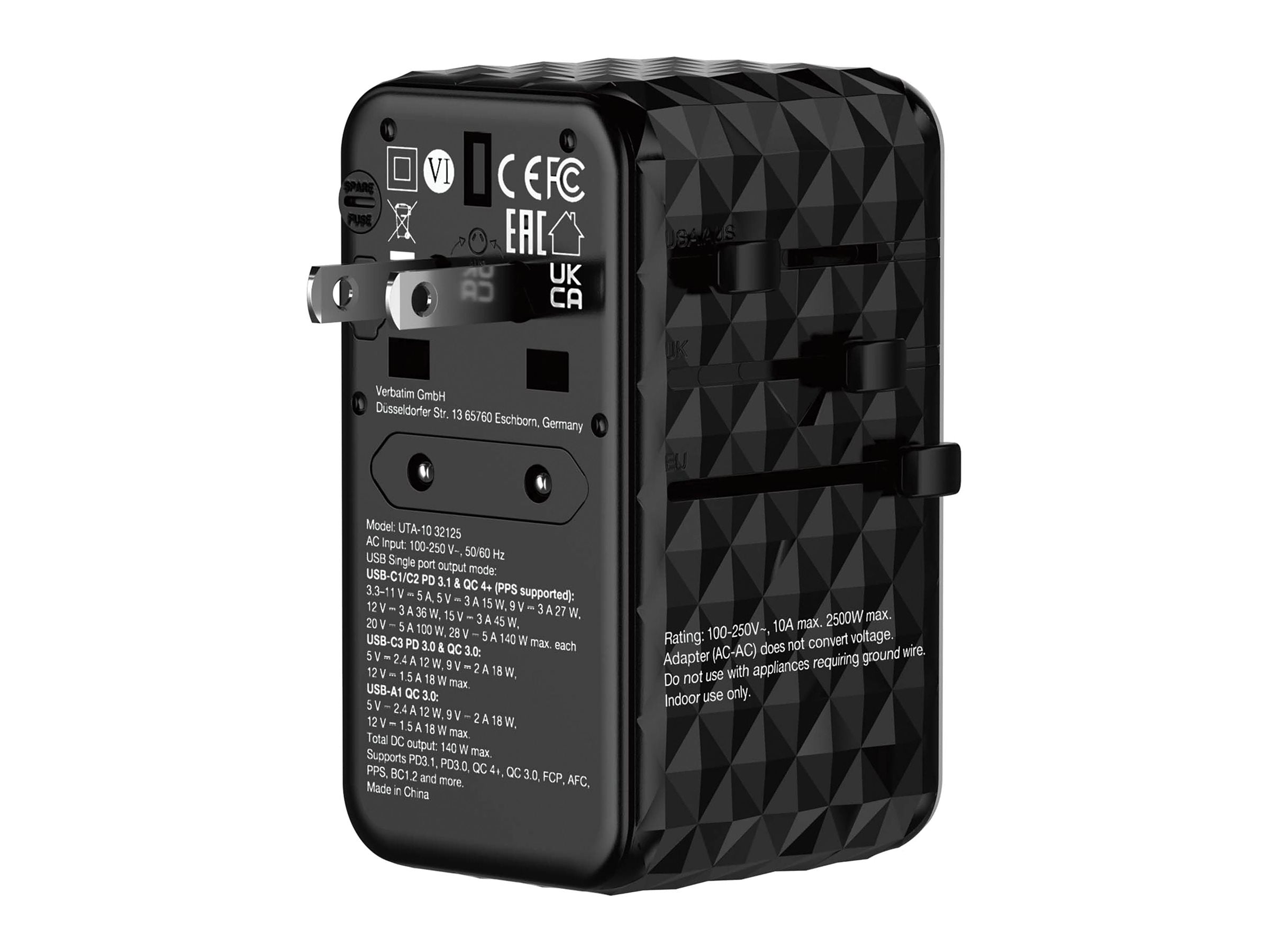 Verbatim UTA-10 - Power adapter - GaN III, universal - 140 Watt - 10 A - Power Delivery 3.1, PD/PPS, QC 3.0, QC 4+, Apple Fast Charge, BC 1.2, Fast Charge, PD 3.0, Super Charge - 4 output connectors (