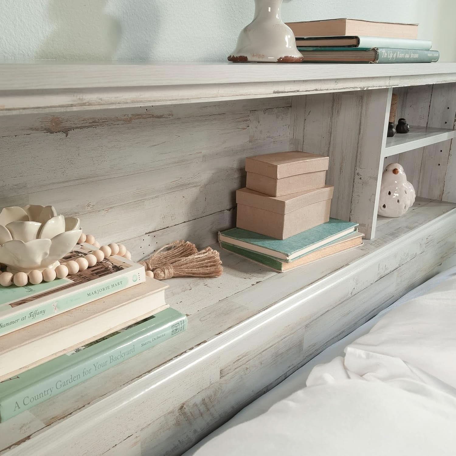 Versatile White Plank Headboard with Adjustable Storage Shelves