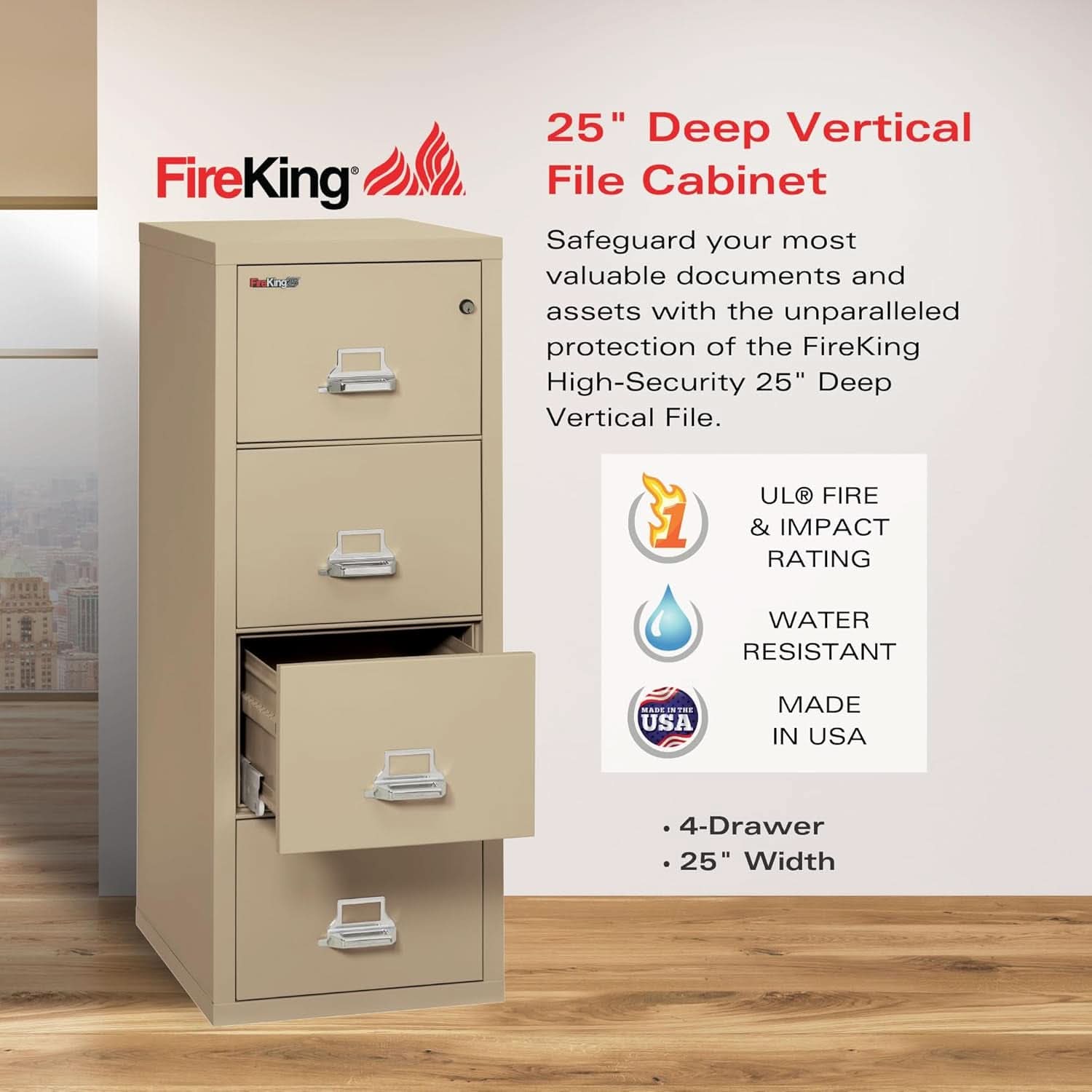 Vertical 4 Drawer Fire Rated File Cabinet Parchment Key Lock